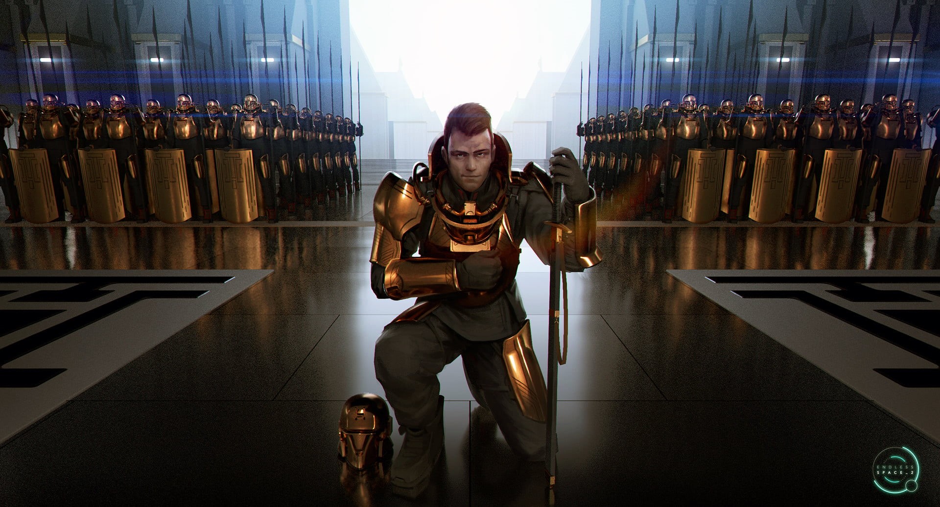 1080P, army, gold, video game art, digital art, shield, armor, spear, Aurelien Rantet, salute, science fiction, artwork, helmet, soldier, Endless Space 2, HD Wallpaper