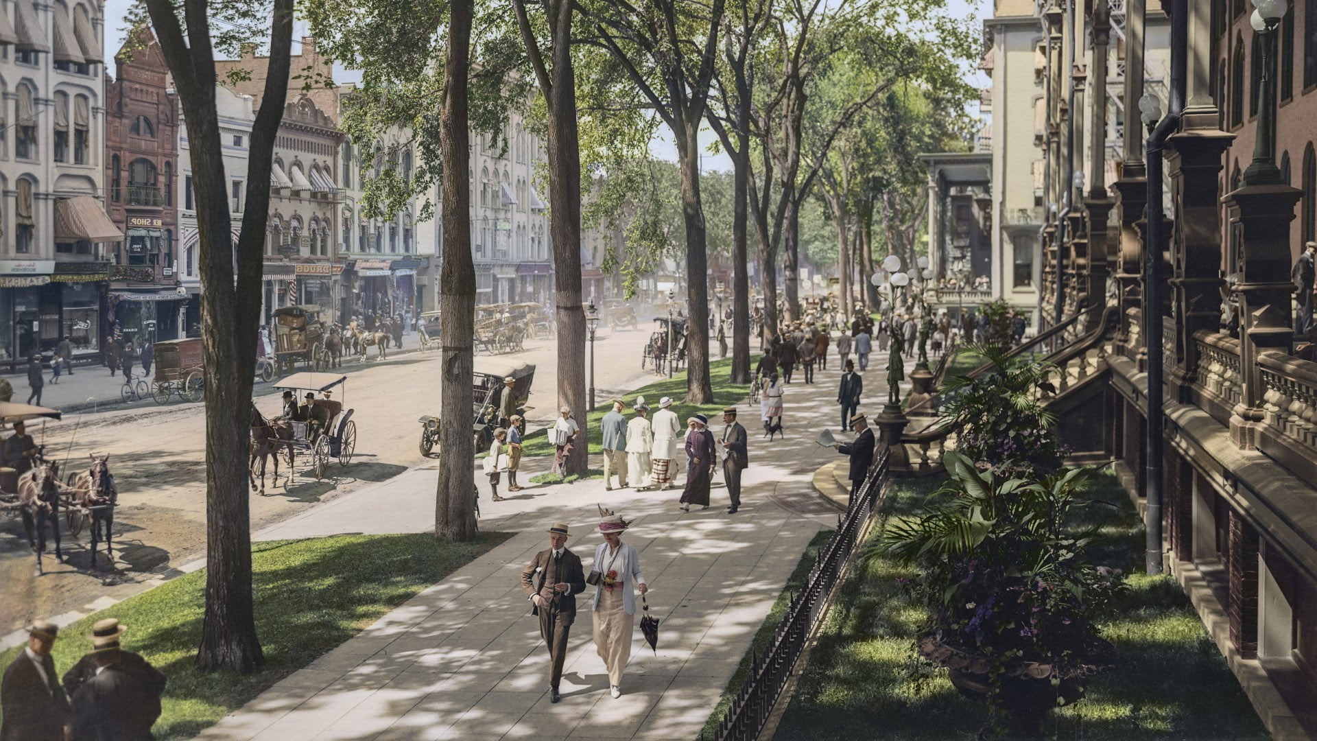 building exterior, footpath, mode of transportation, group of people, cityscape architecture building crowds street vintage photo manipulation broadway new york city usa trees horse colorized photos old car history, HD Wallpaper