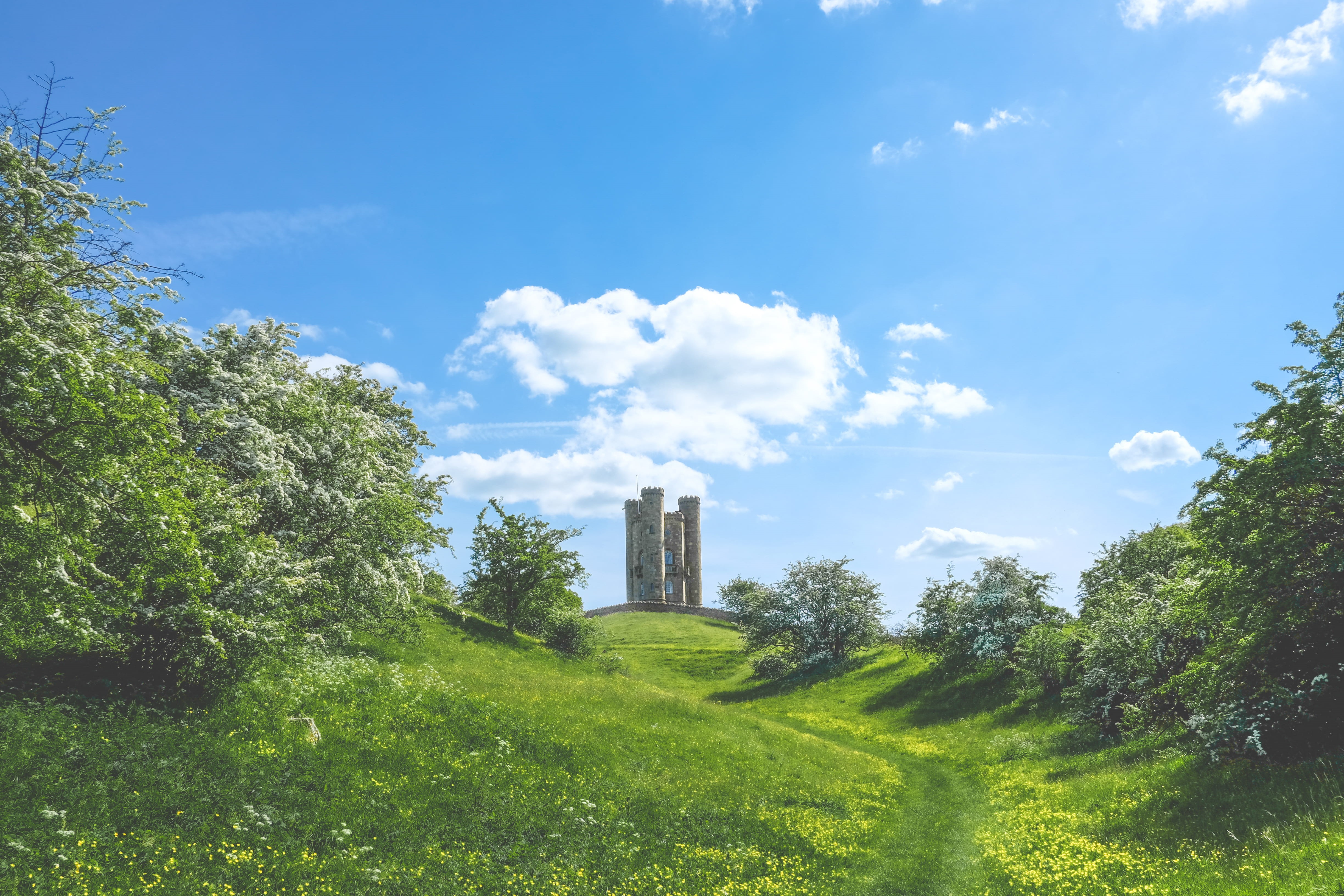 uk, tree, architecture, land, green color, great britain, scenics - nature, nature, cloud - sky, broadway tower, field, england, united kingdom, beauty in nature, HD Wallpaper