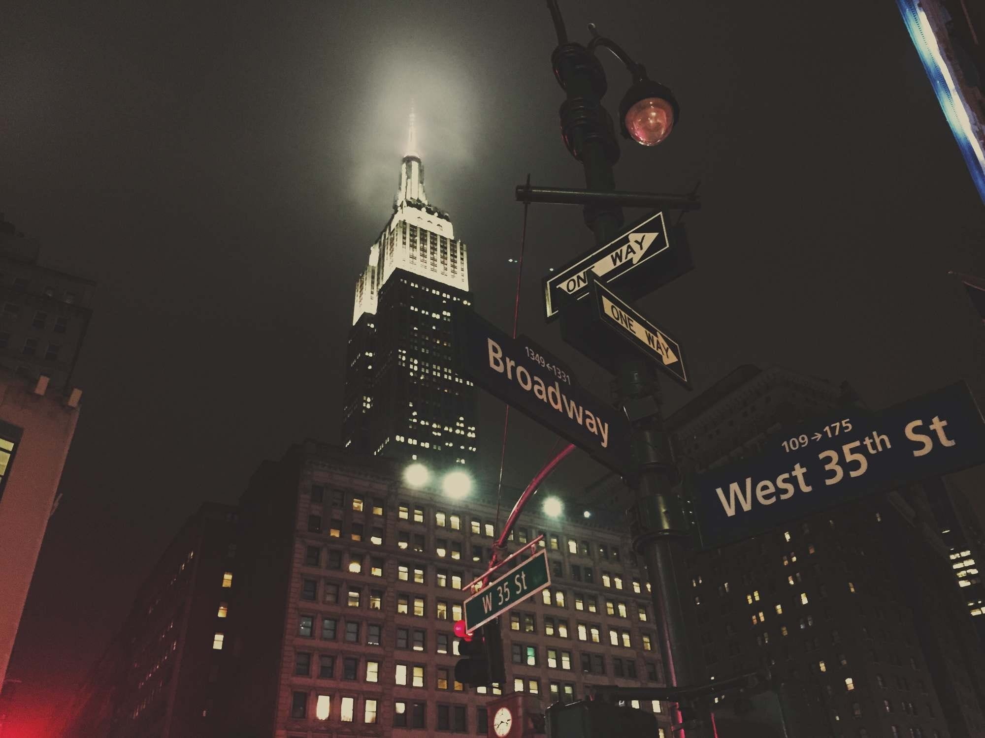 broadway, office building exterior, no people, empire state building, travel destinations, 1080P, dark, modern, urban, building exterior, guidance, western script, HD Wallpaper