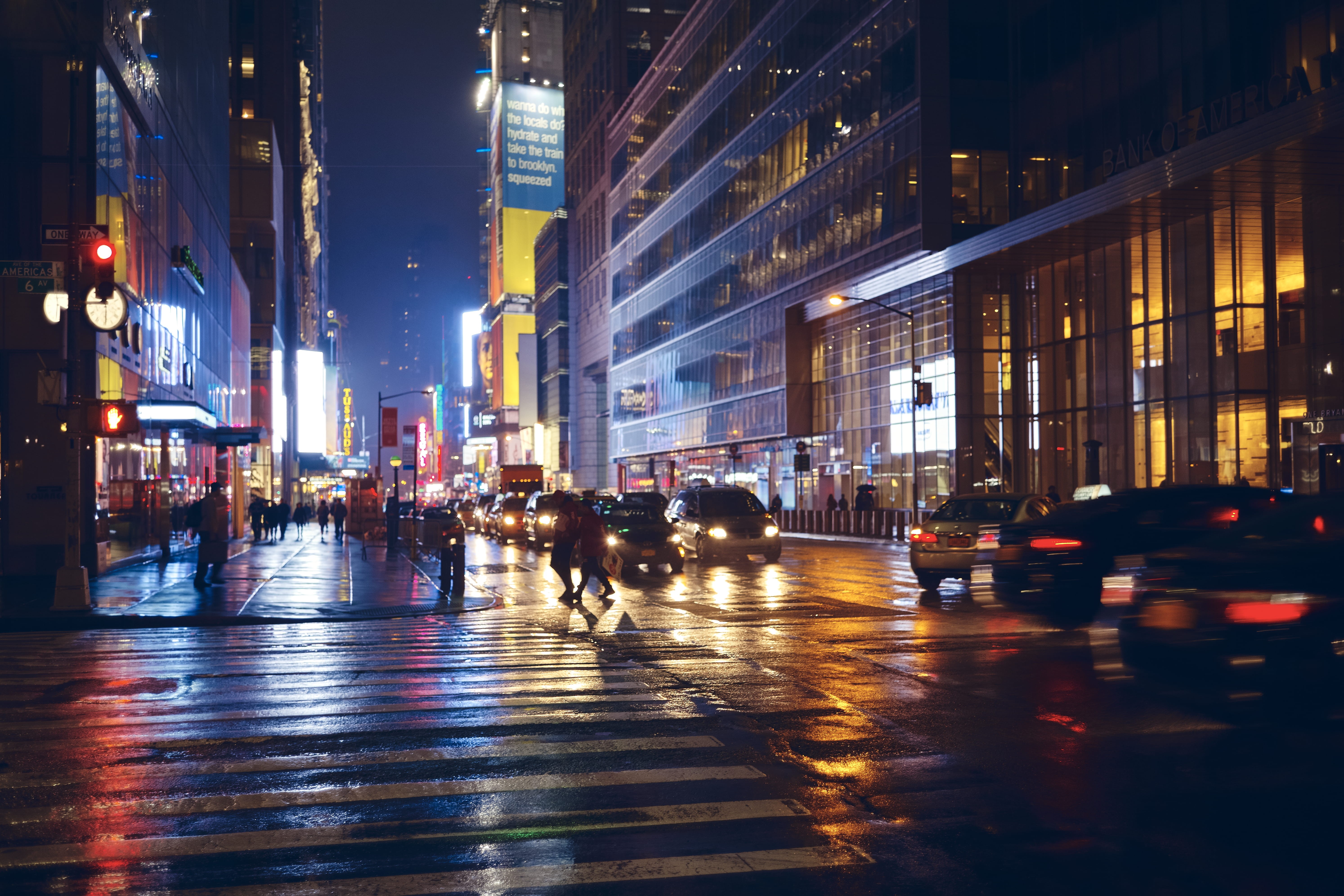 outdoors, 5K, lights, united states, new york, city life, crowd, illuminated, large group of people, road, cityscape, city street, cars, fluorescent light, HD Wallpaper