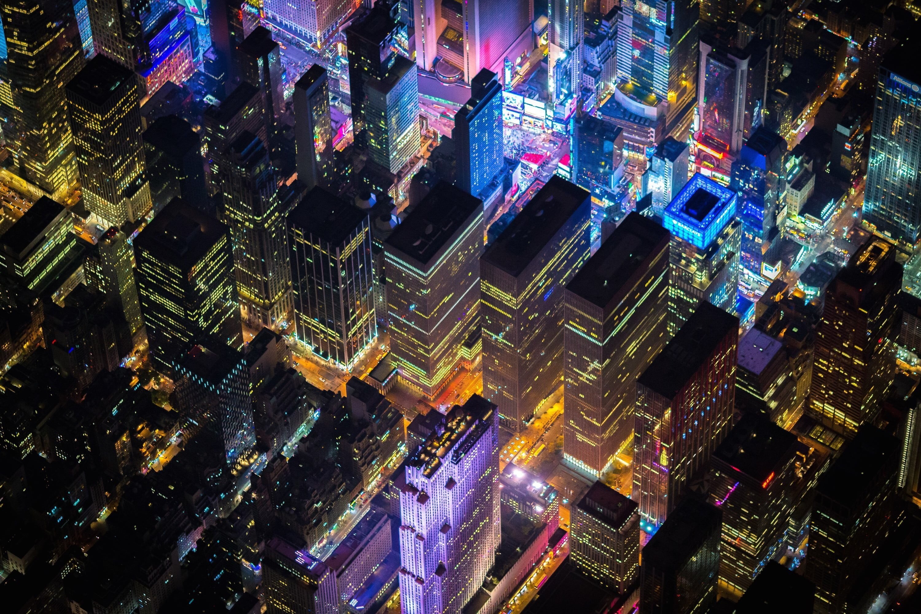 financial district, aerial view, cityscape, building, aerial, office building exterior, USA, New York City, skyscraper, multi colored, architecture, tall - high, HD Wallpaper