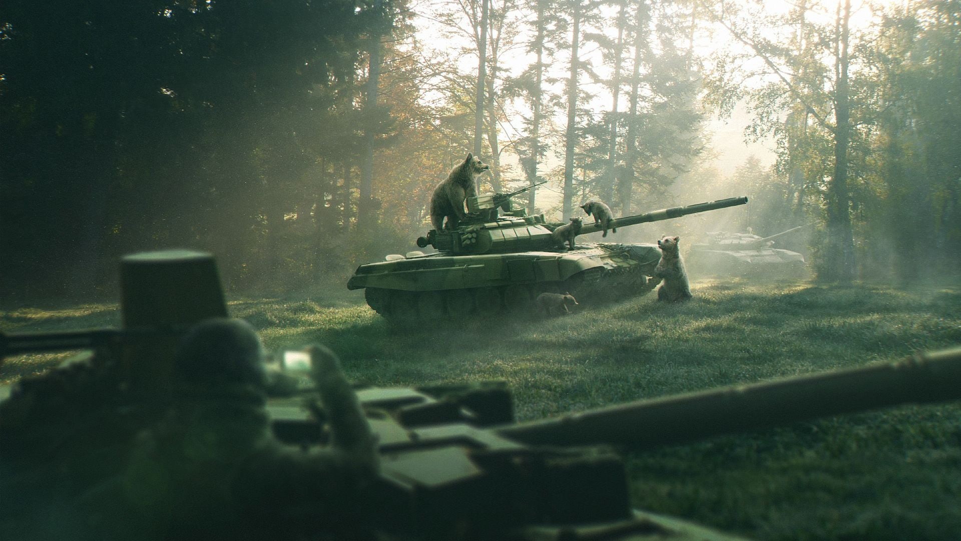 nature, transportation, tank, sun rays, wood, army soldier, bears, outdoors, conflict, war, plant, soldier, aggression, 1080P, military, armored tank, HD Wallpaper