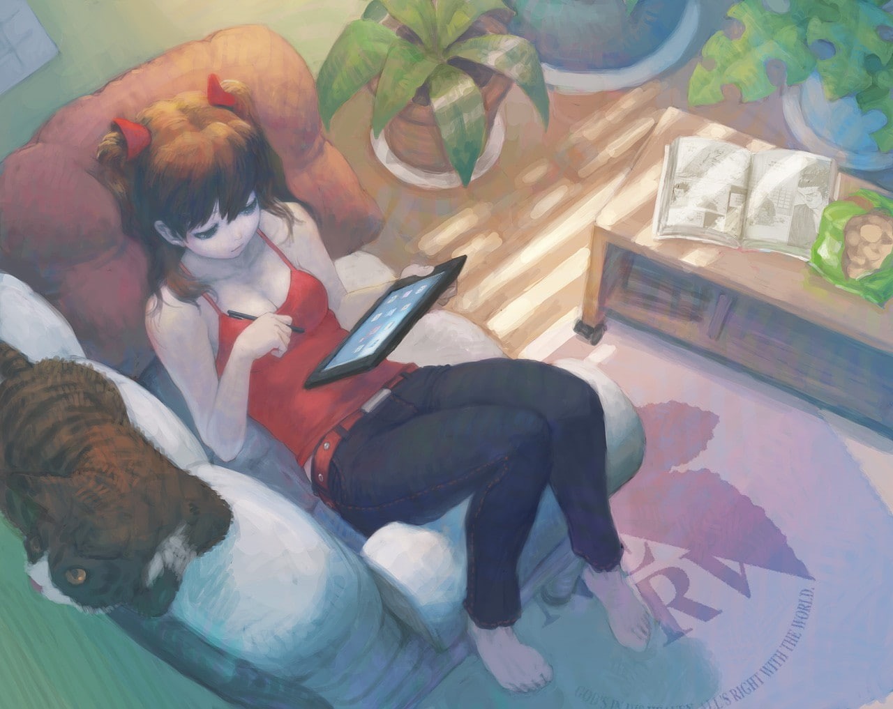 high angle view, room, relaxation, tablet, one person, holding, real people, cat, activity, 720P, child, home interior, anime girls, Neon Genesis Evangelion, HD Wallpaper