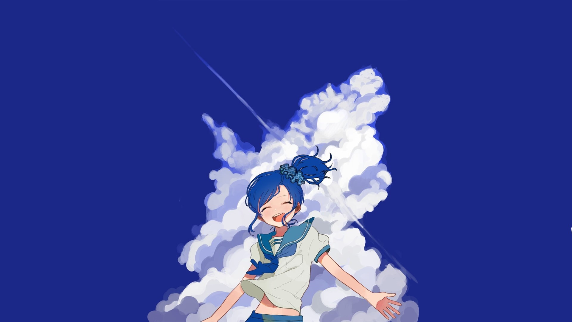 manga, sky, simple background, clouds, sailor uniform, blue hair, blue, anime girls, blue background, 1080P, anime, HD Wallpaper