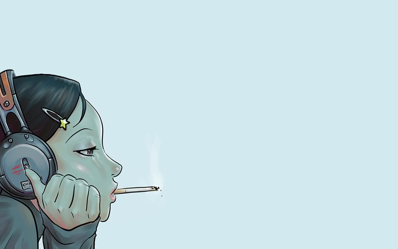 standing, artwork, studio shot, 720P, smoking, blue, day, white color, copy space, anime girls, cigarettes, headphones, human body part, glasses, eyeglasses, HD Wallpaper