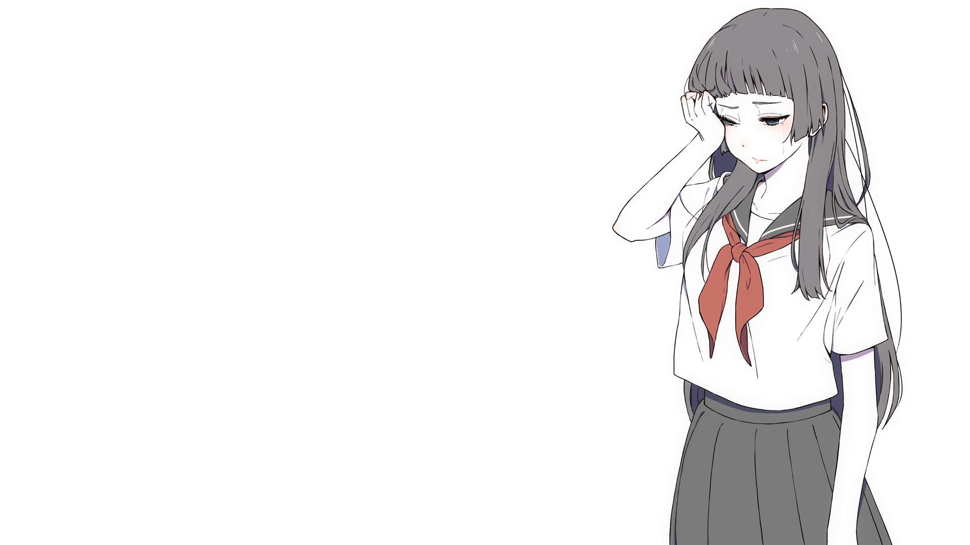anime, simple background, crying, sailor uniform, minimalism, manga, 1080P, schoolgirl, anime girls, HD Wallpaper