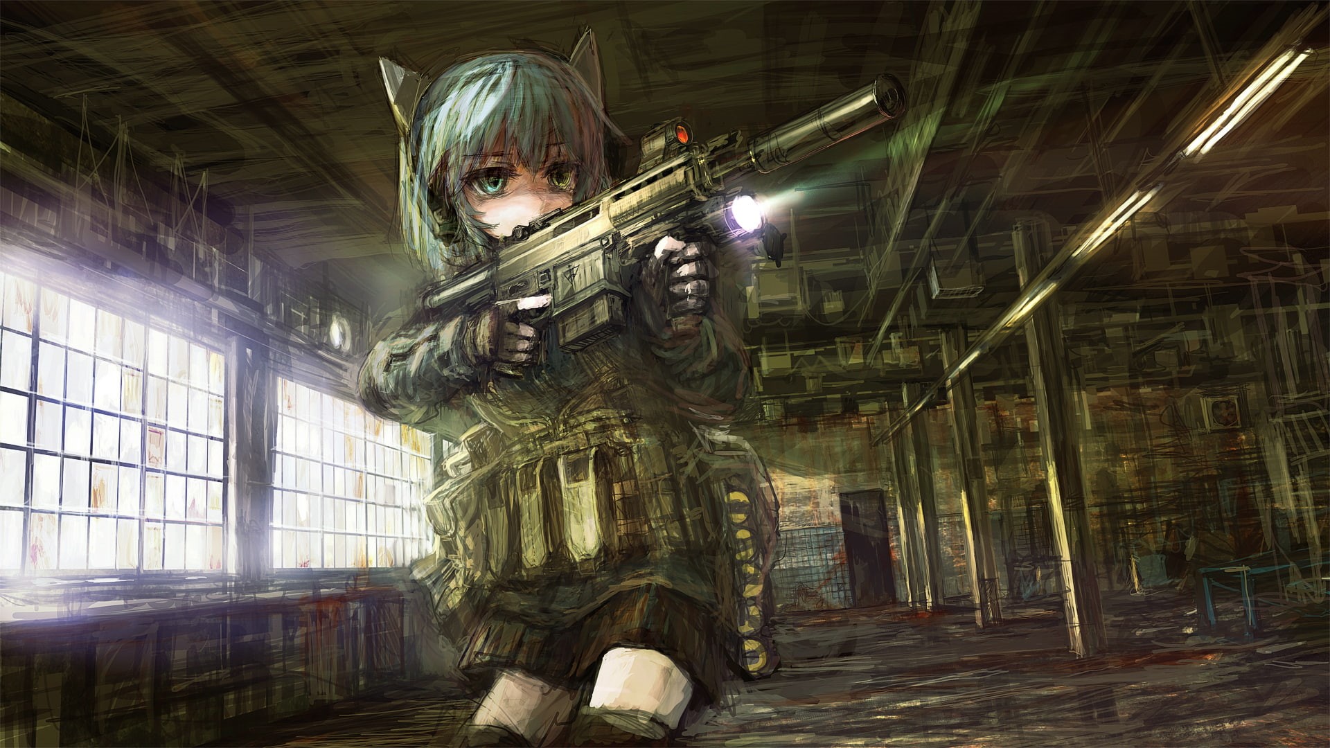 bicolored, op center, 1080P, animal, weapon, lm7, original, ears, gun, gloves, aqua, eyes, hair, HD Wallpaper