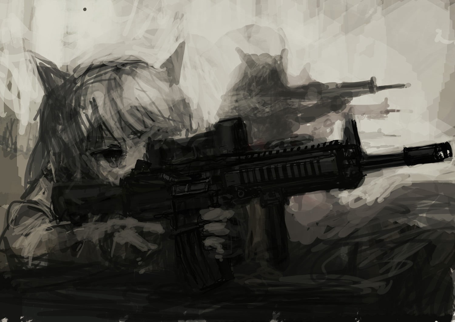 human representation, rifle, indoors, plastic, creativity, catgirl, day, no people, military, art and craft, gun, government, op center, monochrome, security, HD Wallpaper