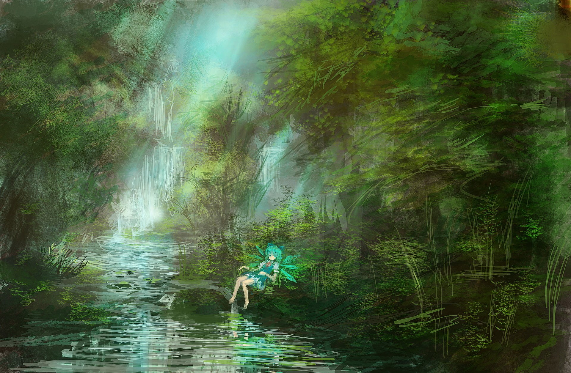 lm7, wings, 1080P, tree, forest, touhou, cirno, water, barefoot, op center, HD Wallpaper
