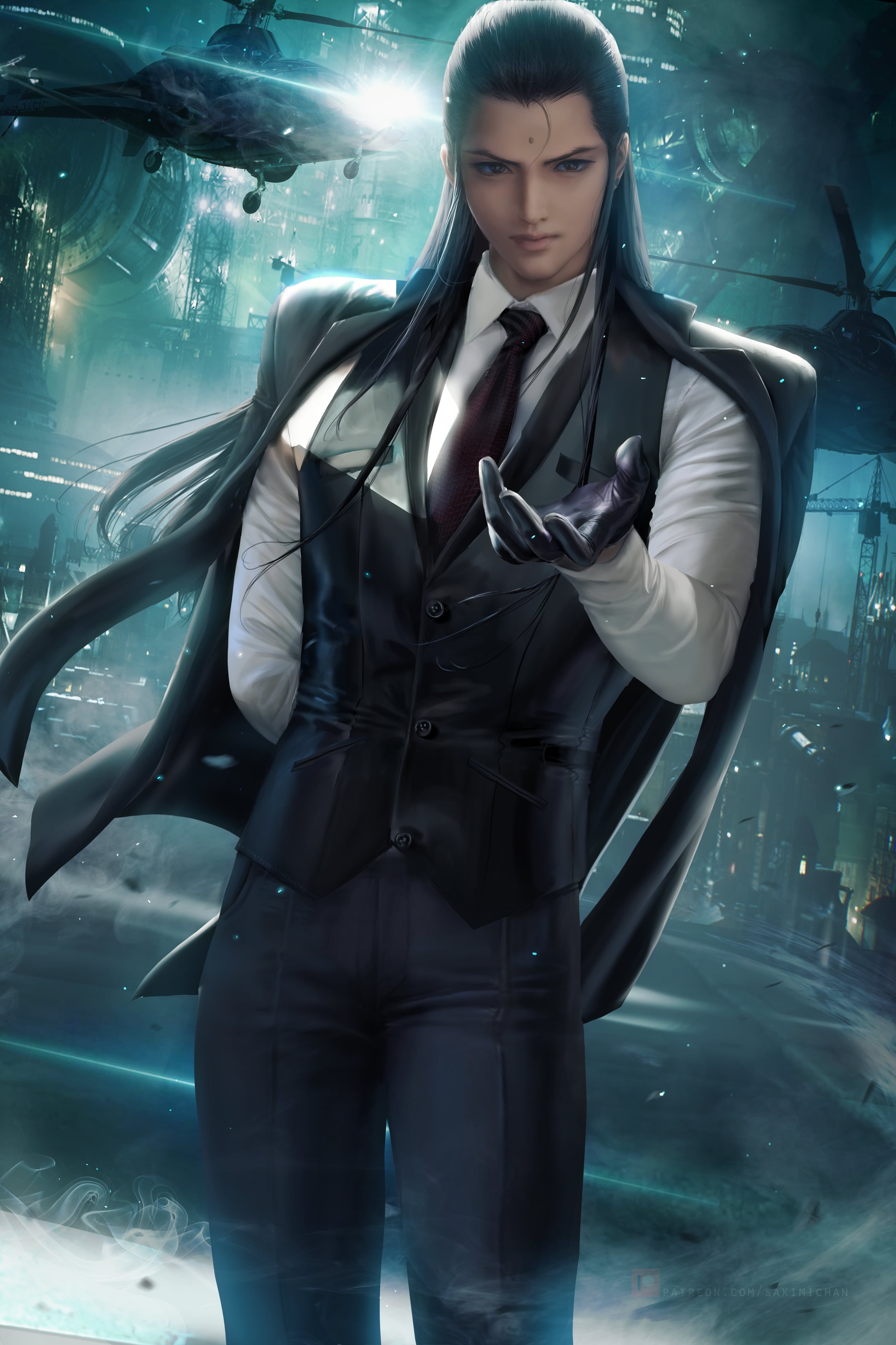 artwork, 2D, Tseng, Final Fantasy VII, Sakimichan, men, Fantasy Men, video game characters, helicopters, black gloves, illustration, lens flare, video games, Phone HD Wallpaper