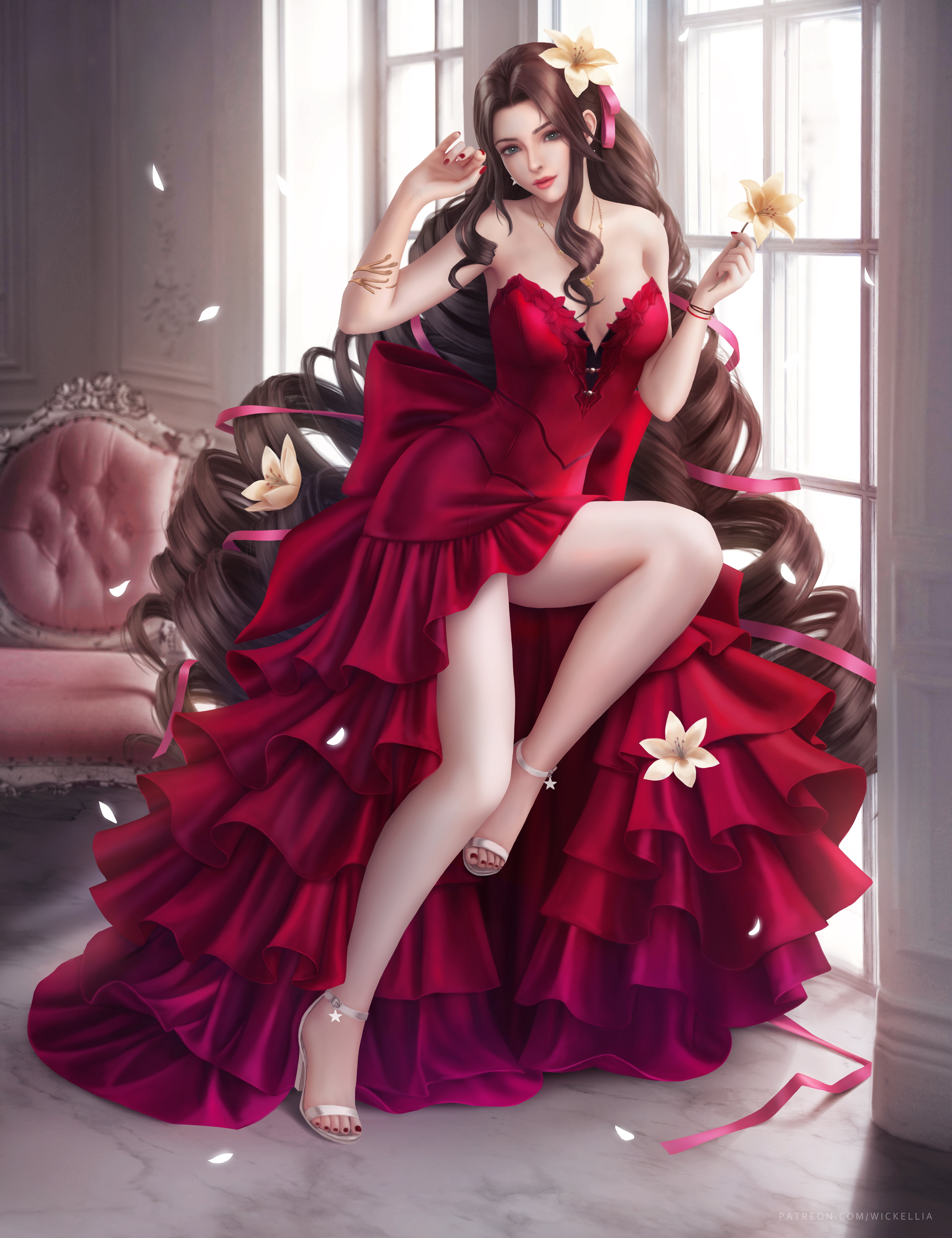video game characters, video games, Final Fantasy VII, dress, fantasy art, digital art, flowers, portrait display, Final Fantasy, fan art, Aerith Gainsborough, Phone HD Wallpaper