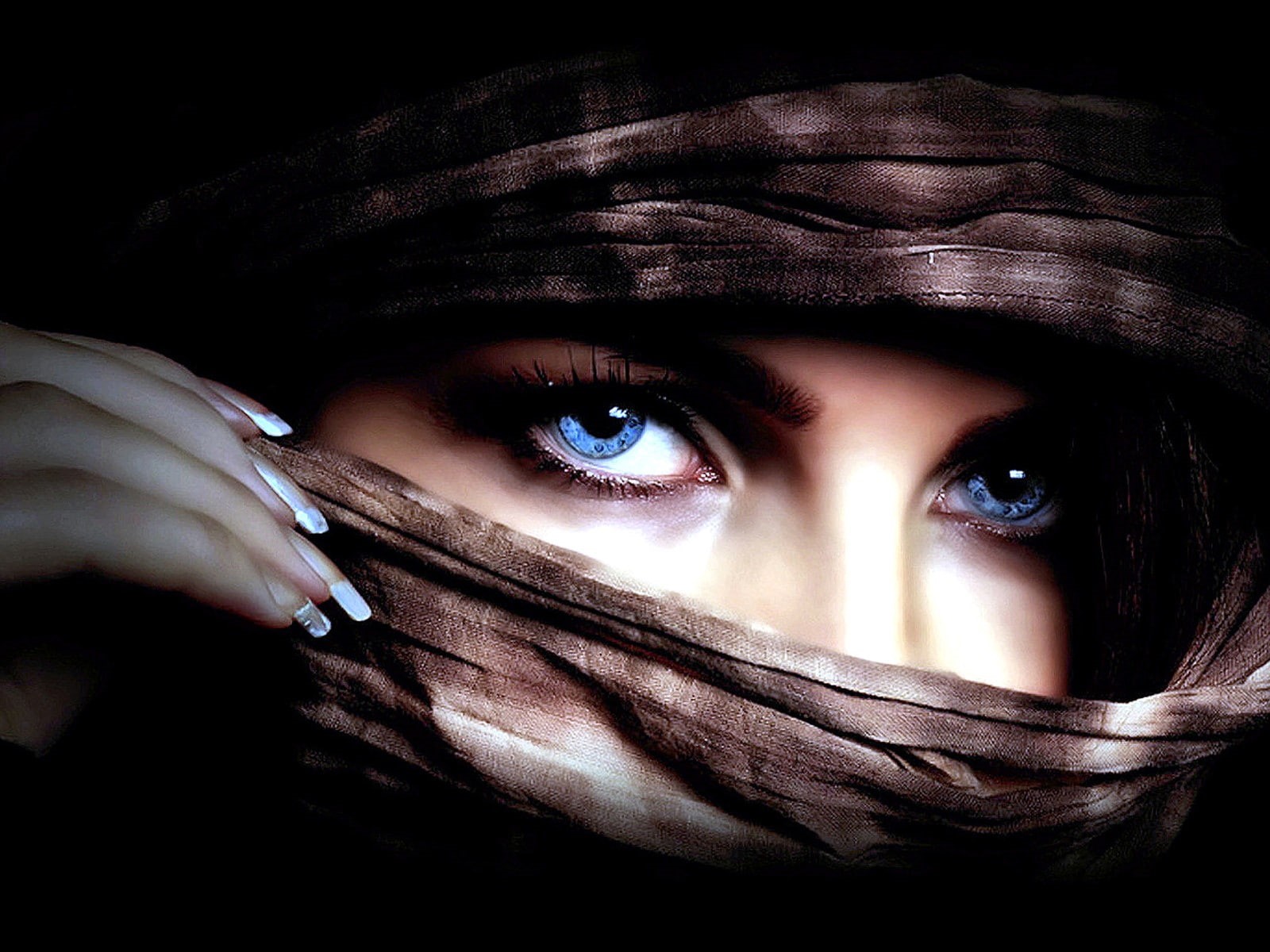 covering face, one person, scarf, adult, young women, beautiful woman, human body part, nail, indoors, real people, close-up, beauty, blue eyes, looking at camera, HD Wallpaper