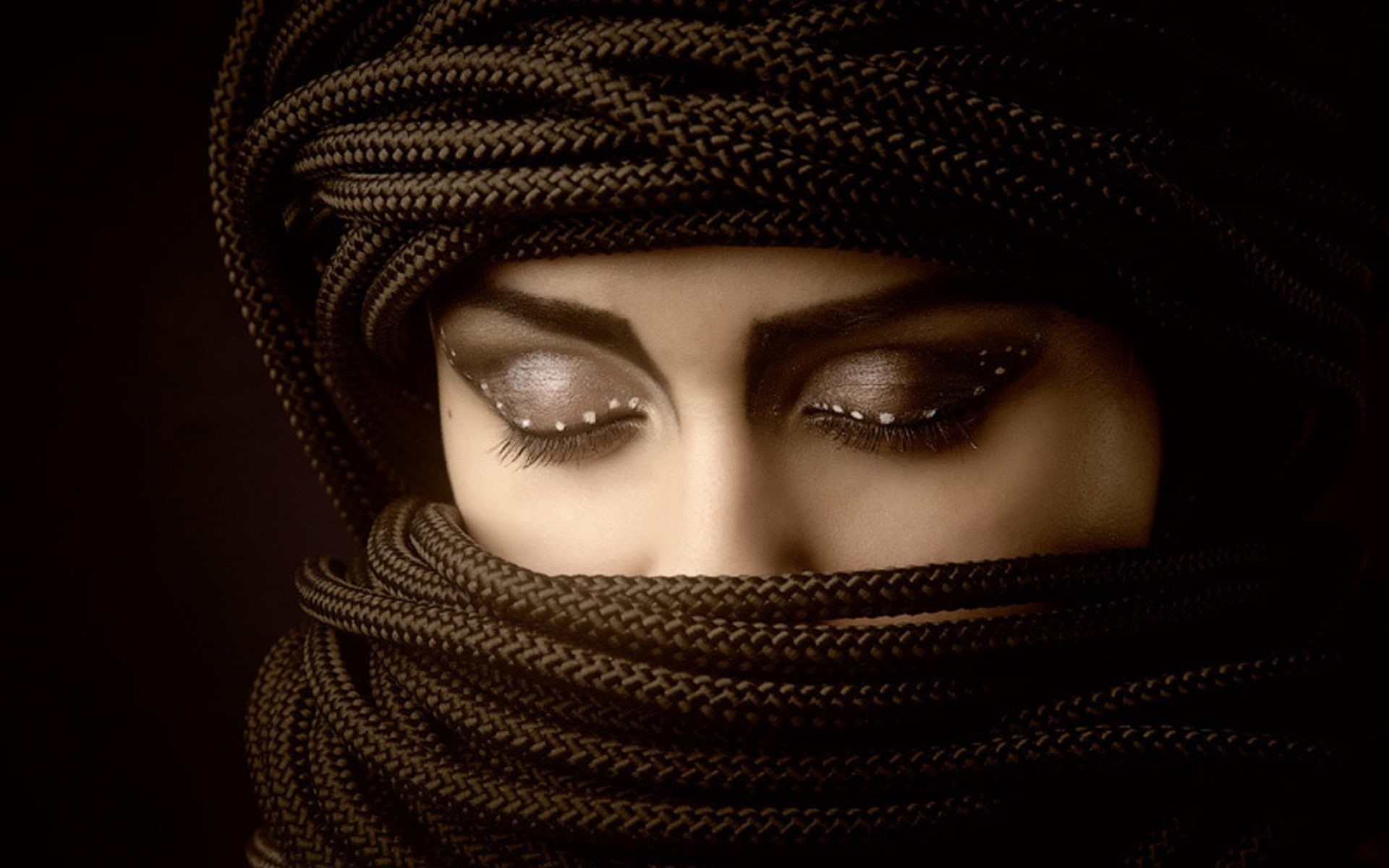 model, covering face, 1080P, ropes, closed eyes, portrait, women, HD Wallpaper