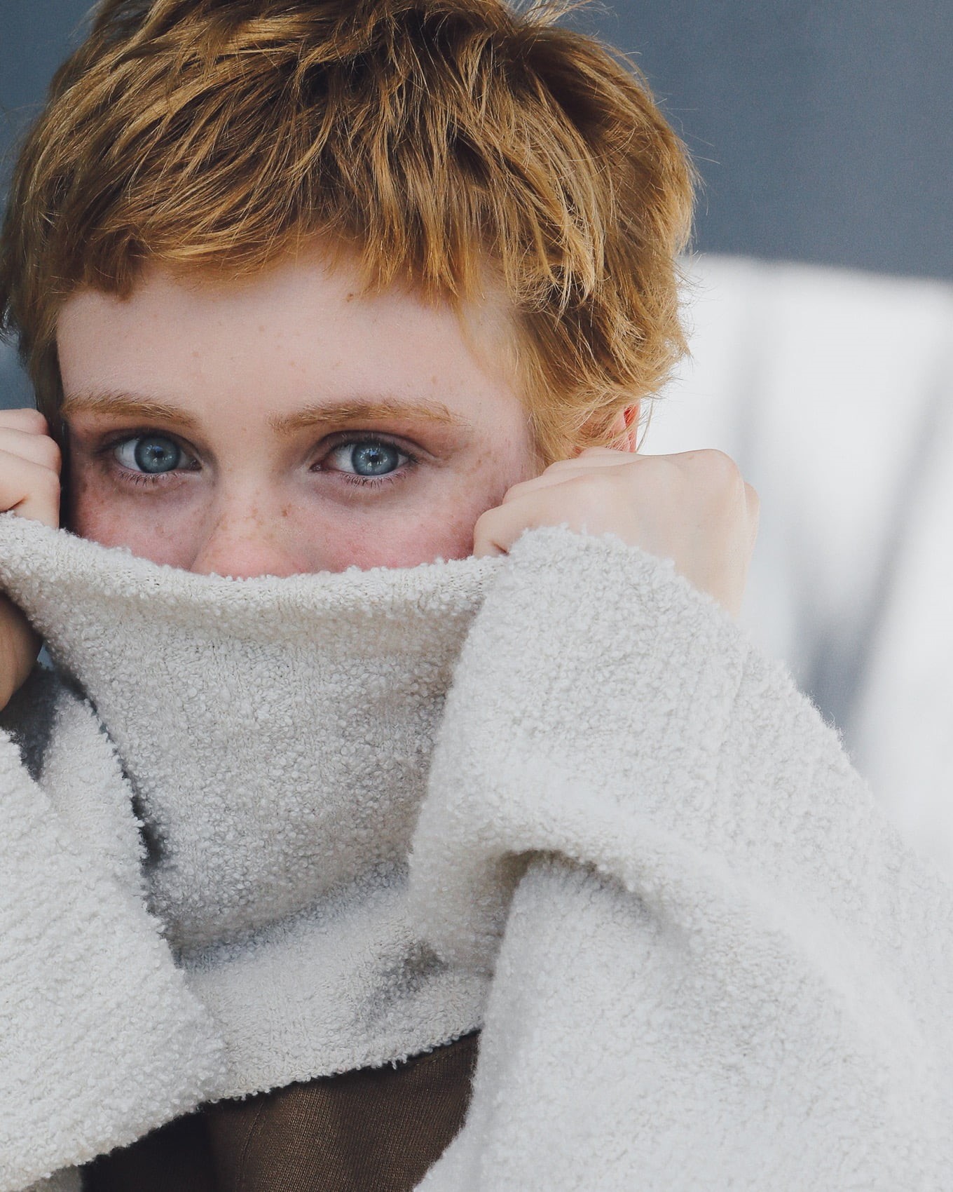 indoors, sweater, actress, front view, young adult, warm clothing, obscured face, headshot, covering, women, human body part, looking at camera, one person, Phone HD Wallpaper