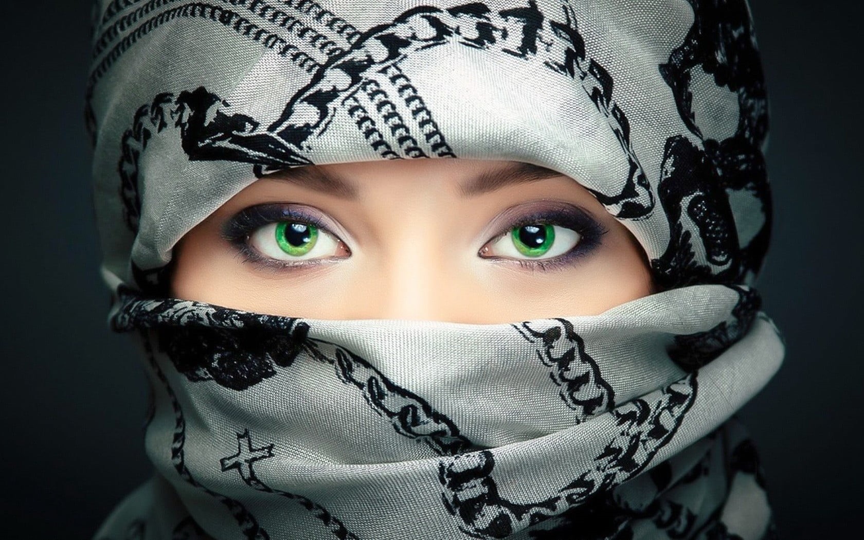 close-up, scarf, veil, green eyes, human face, front view, white, looking at camera, clothing, body part, human body part, eyes, headscarf, covering, 720P, HD Wallpaper