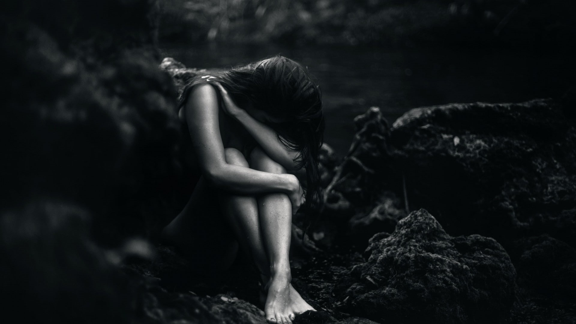 one person, rock - object, dark, hairstyle, monochrome, water, sadness, nature, emotion, side view, covered face, despair, depression - sadness, women, HD Wallpaper