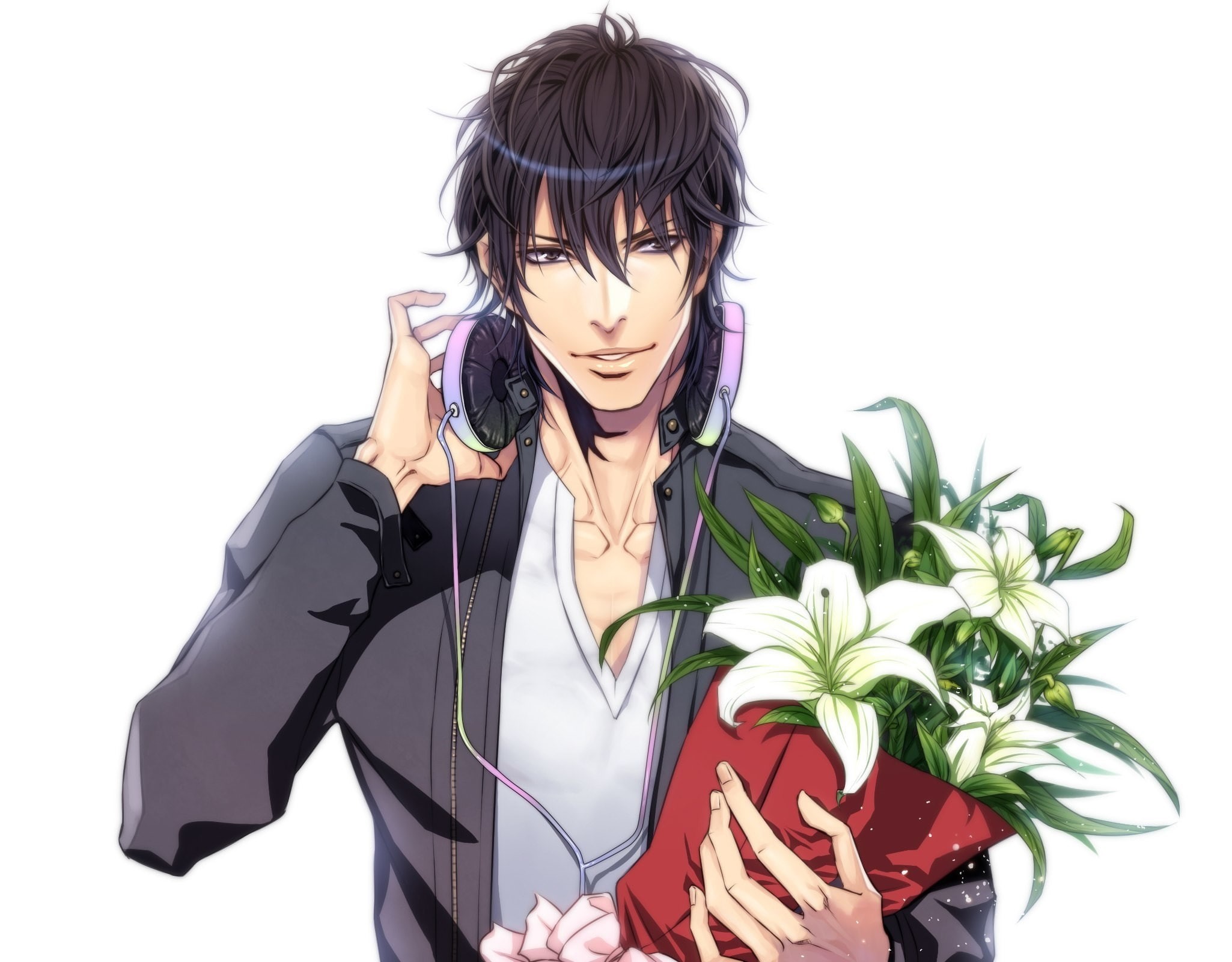 lifestyles, Guy, 1080P, looking at camera, white background, hairstyle, casual clothing, Anime, young women, studio shot, Bouquet, fashion, one person, HD Wallpaper