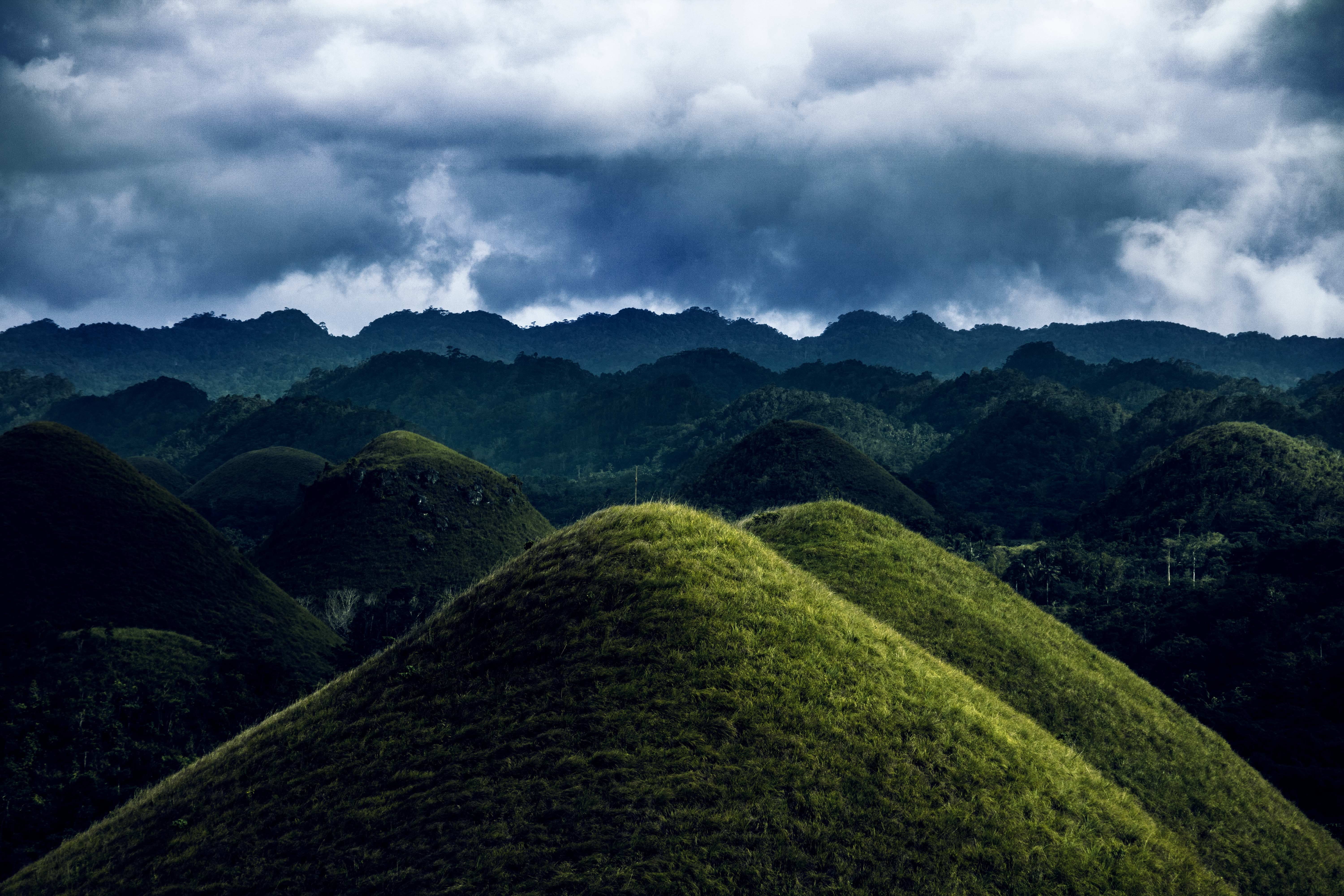 chocolate hills, hills, agriculture, no people, peak, scenery, tranquil scene, mound, non-urban scene, tea crop, weather, plateau, chocolate, philippines, HD Wallpaper