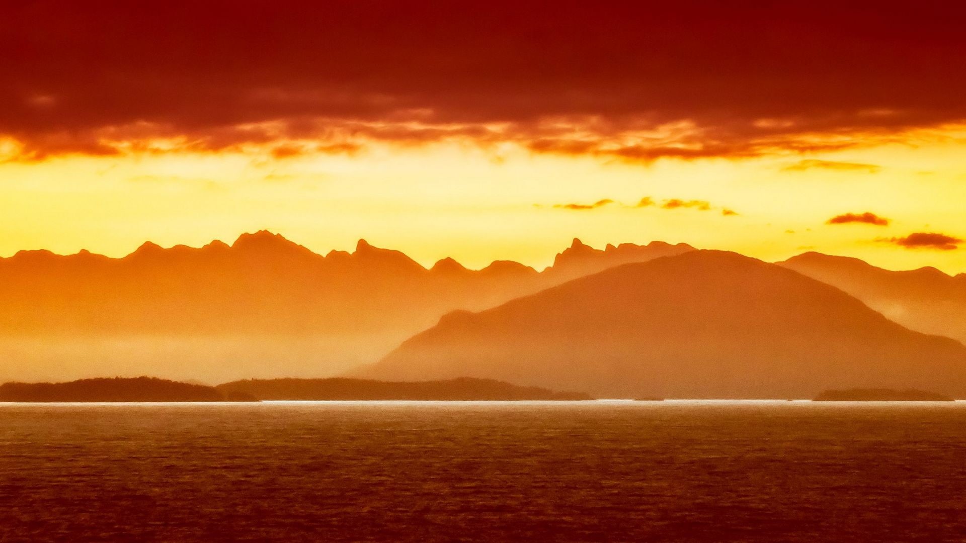 mountain range, island, travel destinations, outdoors, 1080P, tranquility, tranquil scene, sky, orange color, landscape, nature, sea, scenics - nature, HD Wallpaper
