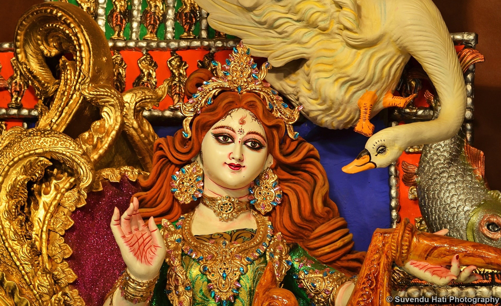 waist up, India, 1080P, indian, god, headshot, goddess, costume, representation, Asia, adult, art and craft, gold colored, lifestyles, saraswati, maa, HD Wallpaper