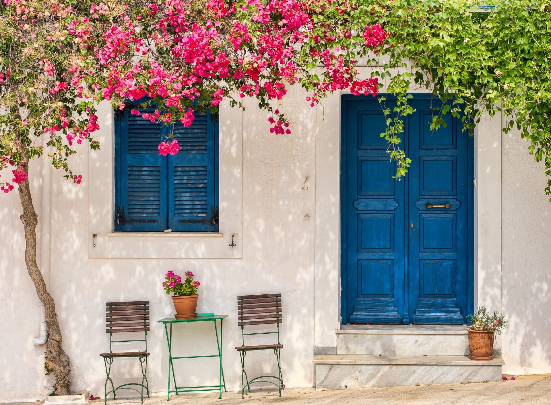 Afternoon, freshness, Tree, door, building exterior, Table, window, Lefkes, Travel, outdoors, traditional, closed, flowering plant, built structure, window box, HD Wallpaper