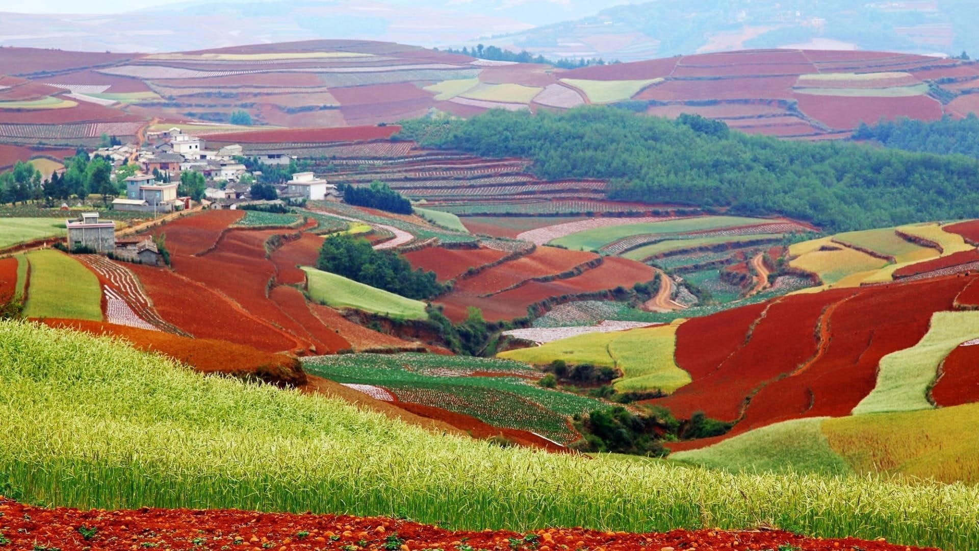 china, village, 1080P, colors, colorful, yunnan, hills, fields, nature and landscapes, HD Wallpaper