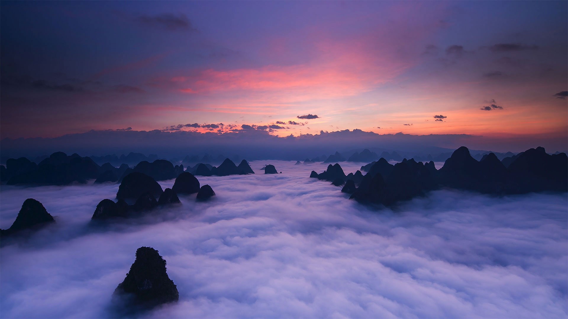 silhouette, beauty in nature, orange color, scenics - nature, sky, nature, tranquility, rock, fog, 1080P, mountains, anhui, cloud - sky, outdoors, no people, HD Wallpaper