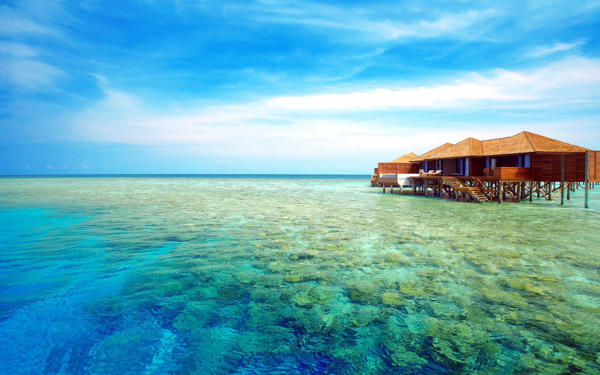 bungalow, atoll, maldives, resort, 1080P, ari, houses, wooden, sea, hd, water, beach, lily, tropics, HD Wallpaper