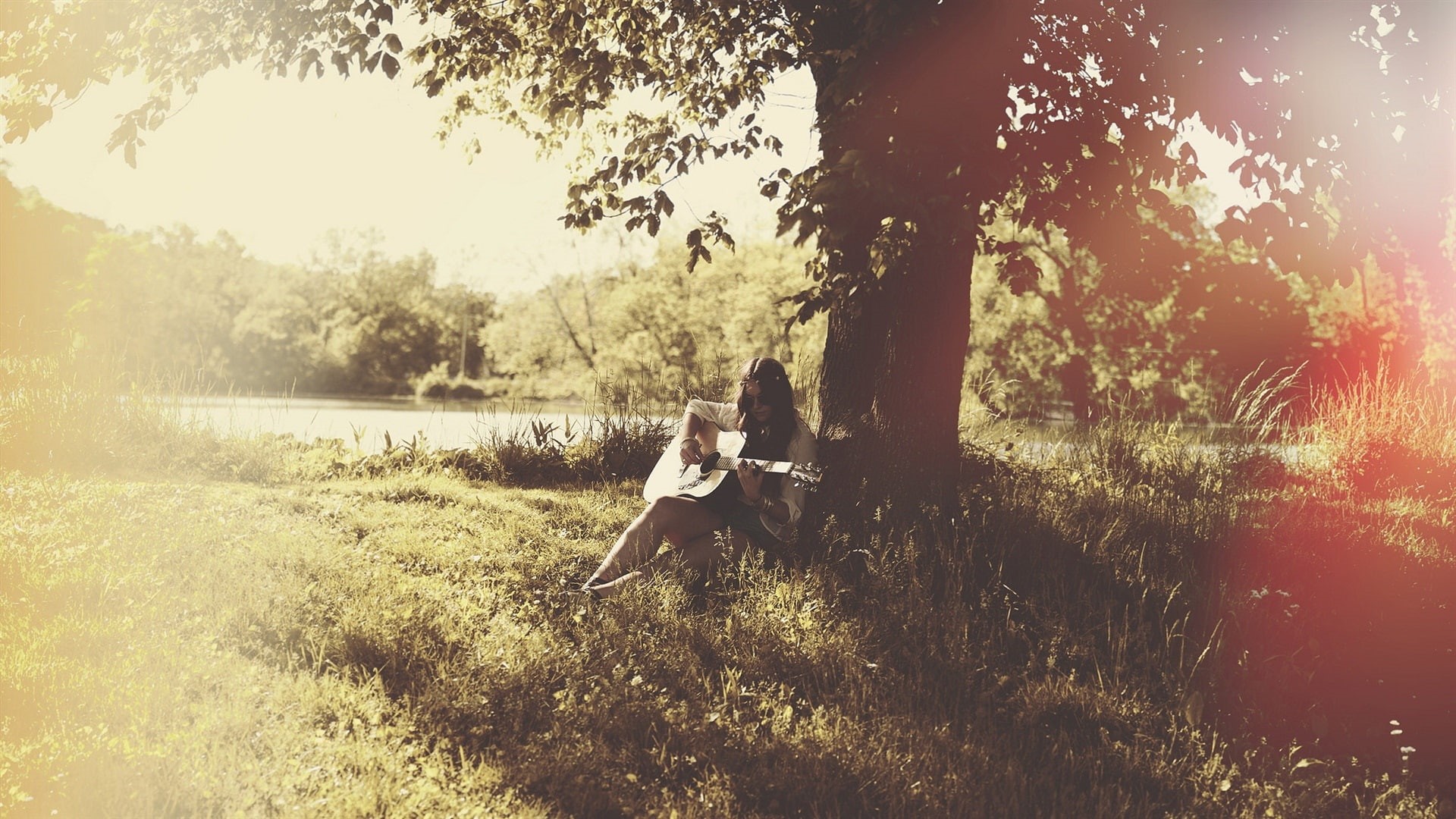 Play, Summer, Sunshine, 1080P, Trees, Girl, Guitar, Music, HD Wallpaper