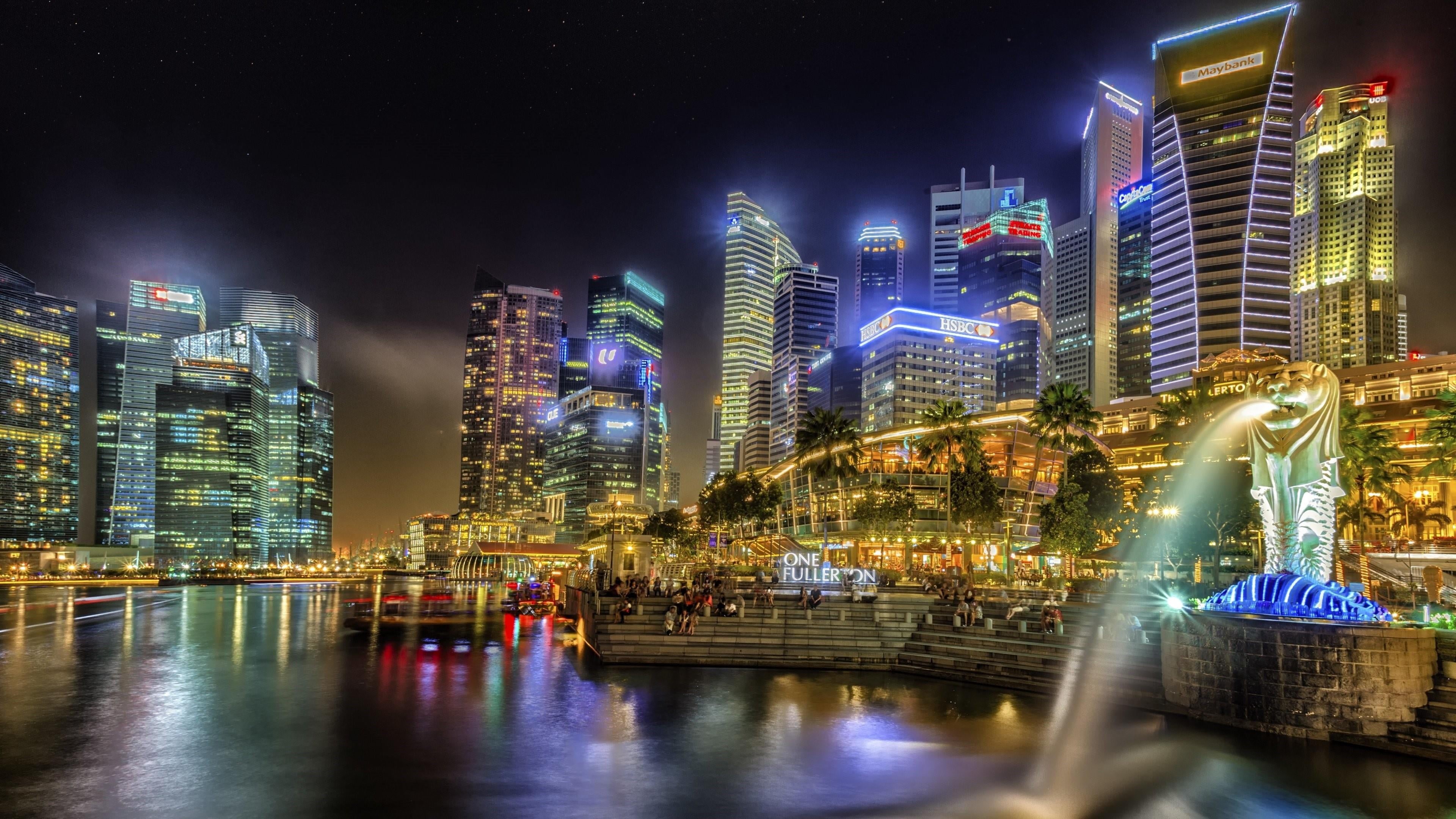 bay, urban skyline, modern, city, architecture, residential district, night, cityscape, singapore, 4K, water, asia, no people, reflection, built structure, HD Wallpaper