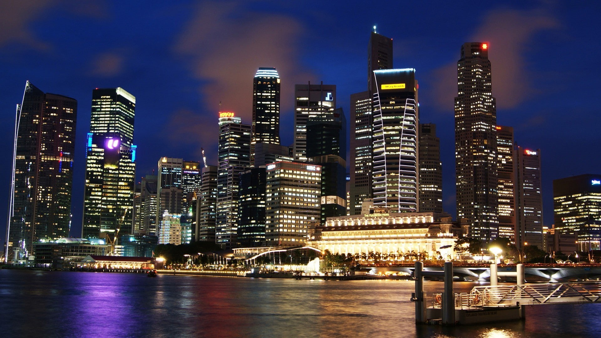 waterfront, modern, skyscraper, architecture, urban skyline, residential district, marina, sky, building, Singapore, office building exterior, city, illuminated, HD Wallpaper