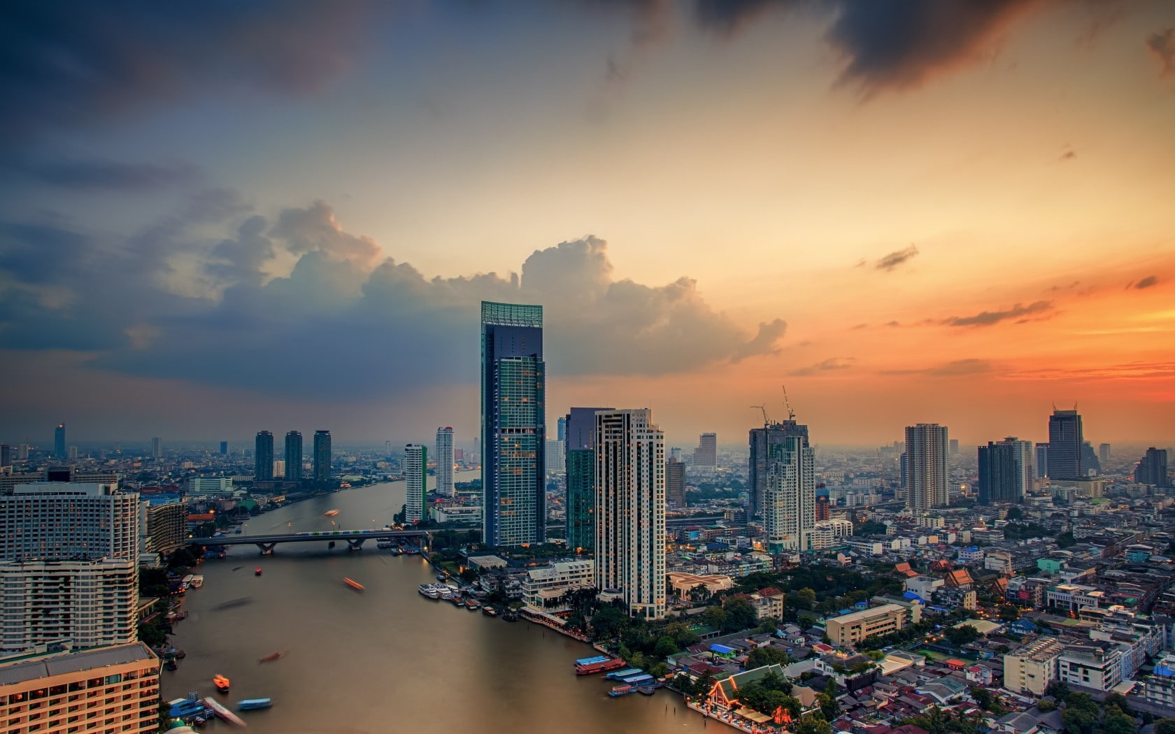 bridge, sky, Bangkok, Buildings, town, river, clouds, city, 720P, Thailand, roads, HD Wallpaper