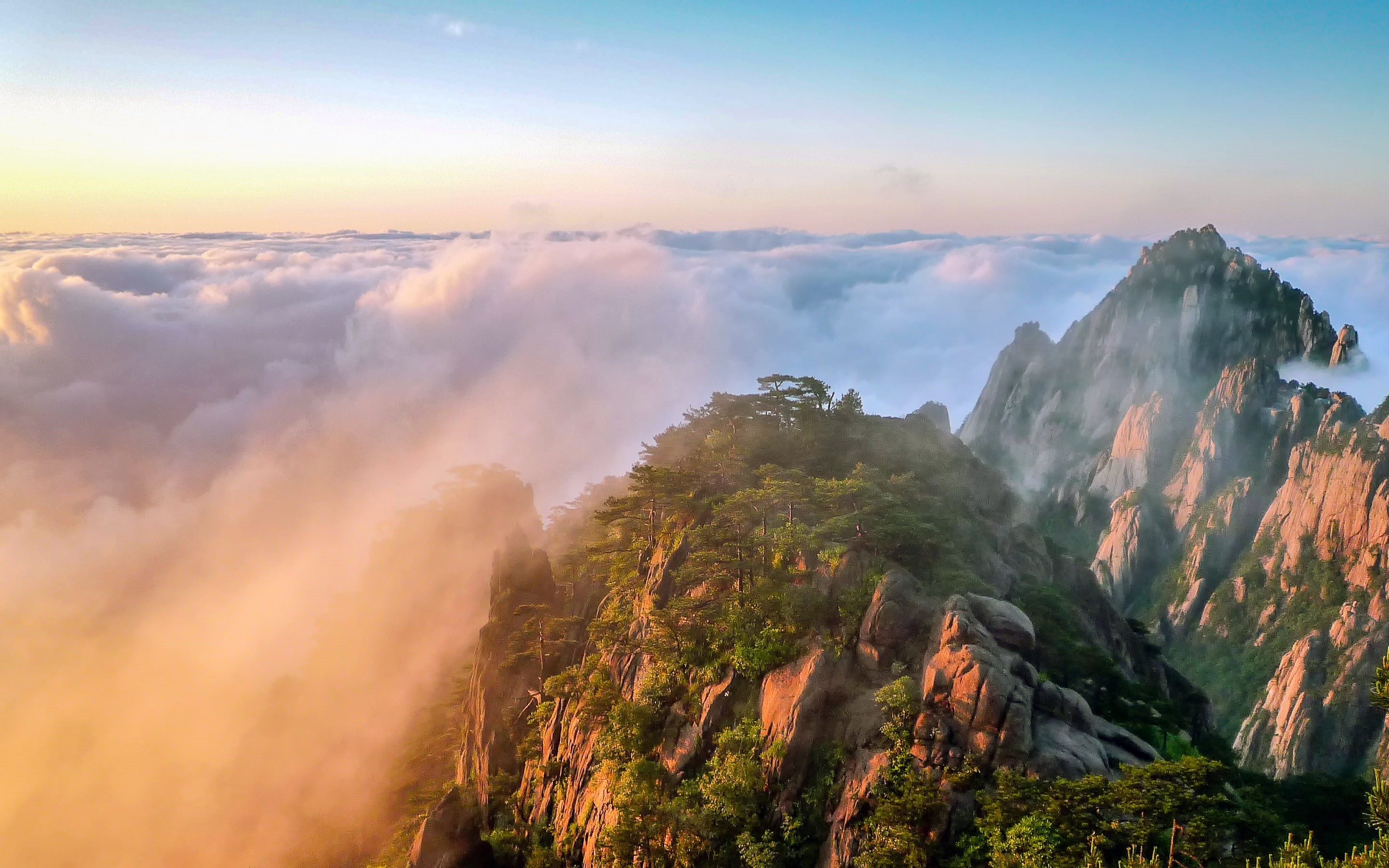 outdoors, tree, beauty in nature, mountain range, tranquility, no people, sunrise, environment, huangshan, formation, mountain, non-urban scene, scenics - nature, HD Wallpaper