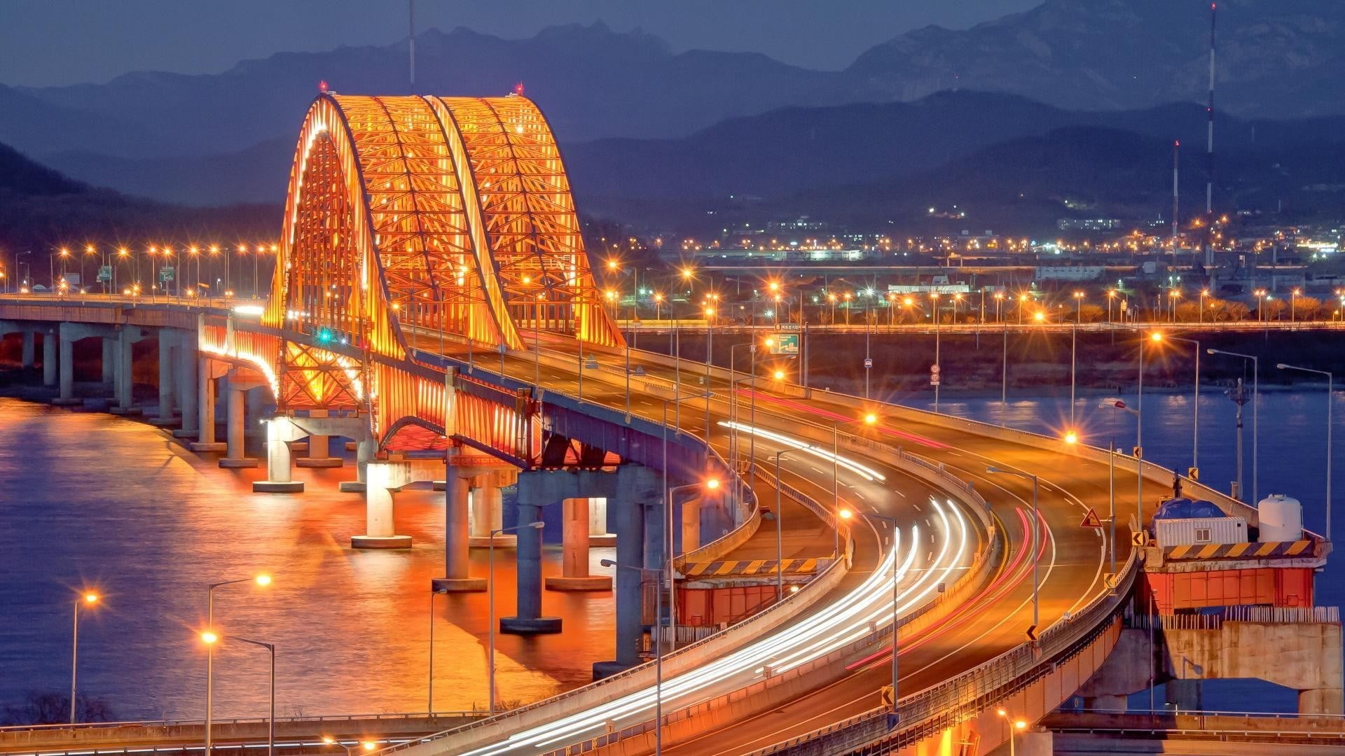 cityscape, Seoul, long exposure, brown, dusk, mode of transportation, modern, bridge - man made structure, transportation, traffic, 1080P, connection, HD Wallpaper