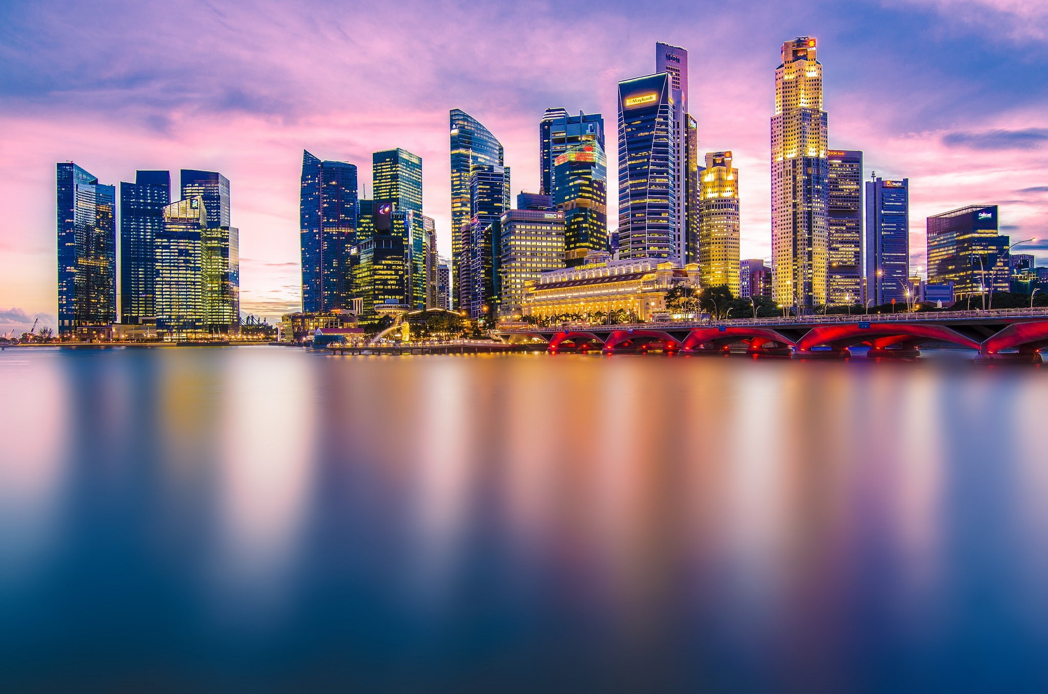 bridge, Singapore, Skyscrapers, houses, evening, Asia, 1080P, lights, bay, city, HD Wallpaper