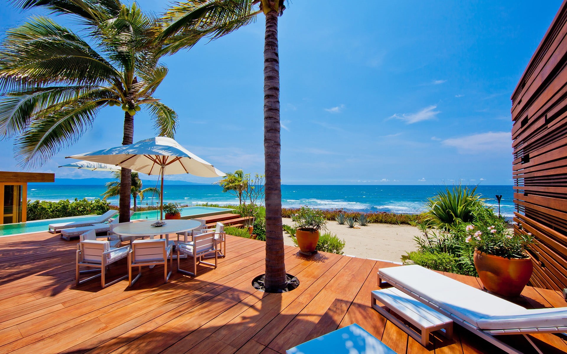 piece, set, tropical, seat, sand, outdoors, nature, palm tree, sea, trip, sunlight, plants, wooden floor, wooden, land, 1080P, summer, patio, tropical climate, HD Wallpaper