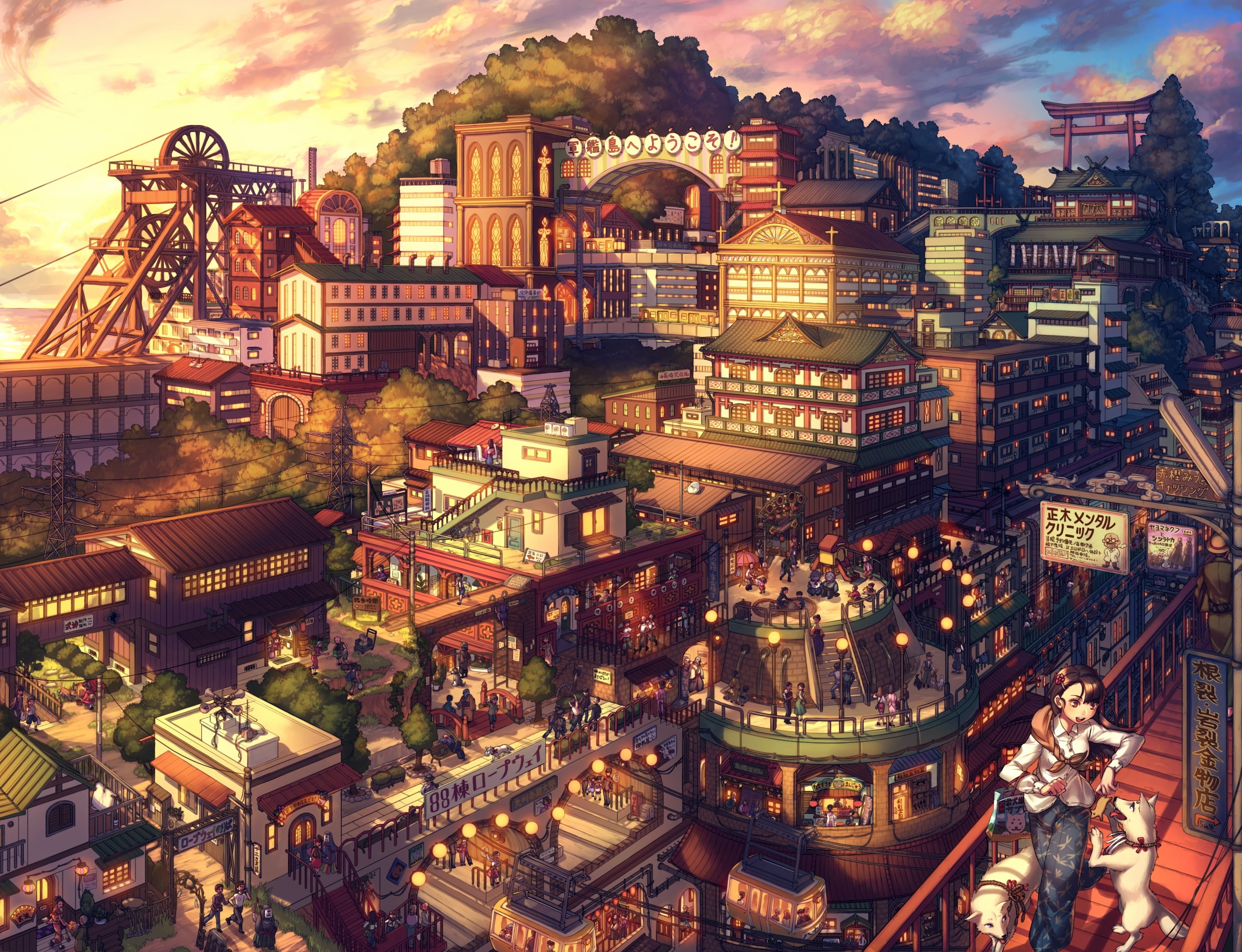 cityscape, japanese architecture, Anime, asano shiki, #DATDETAILS, 2K, shrine, people, anime landscape, HD Wallpaper