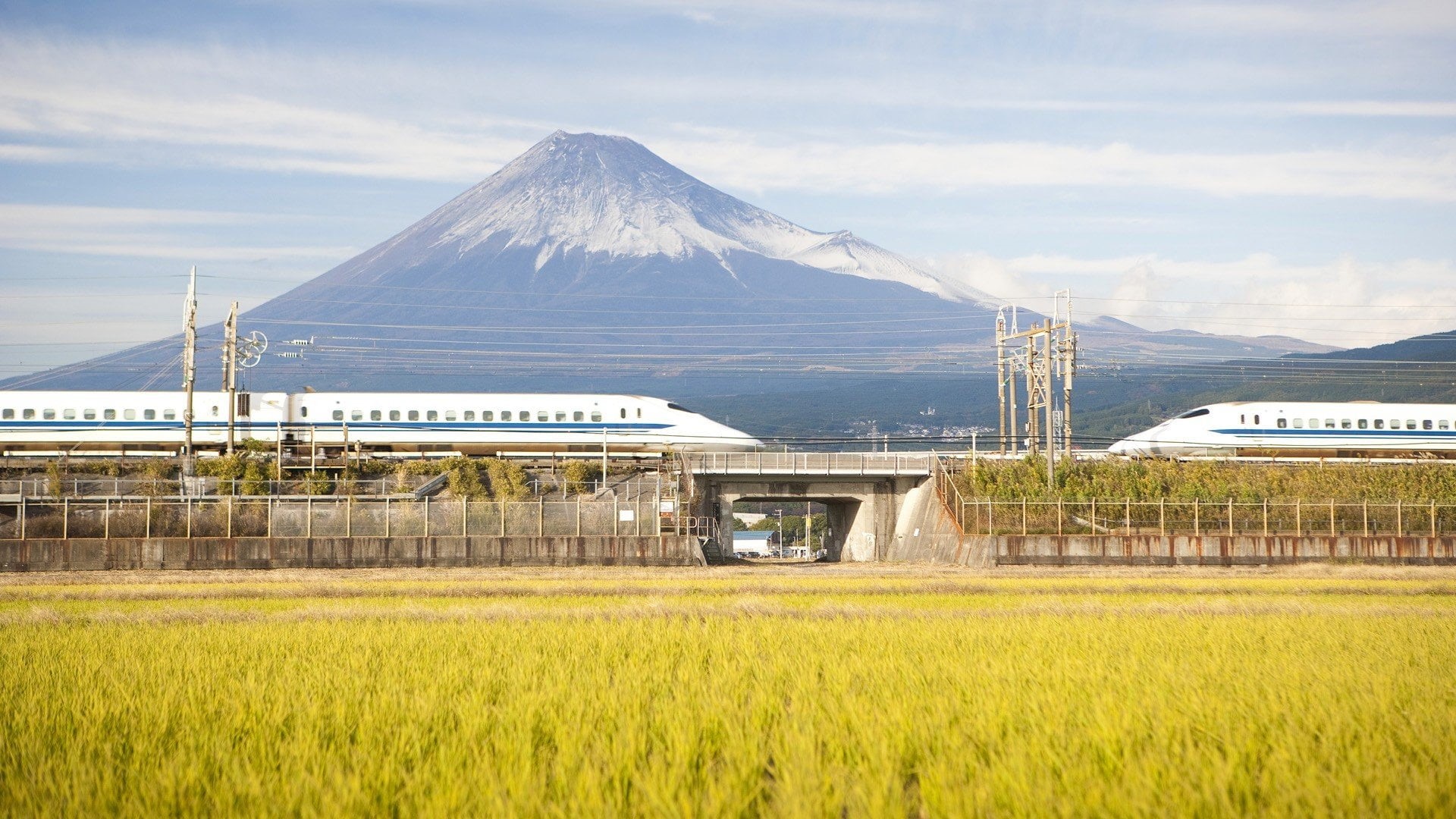 cloud - sky, outdoors, snowcapped mountain, shinkansen, plant, sky, trains, rural scene, mount, land, beauty in nature, field, tranquil scene, architecture, HD Wallpaper