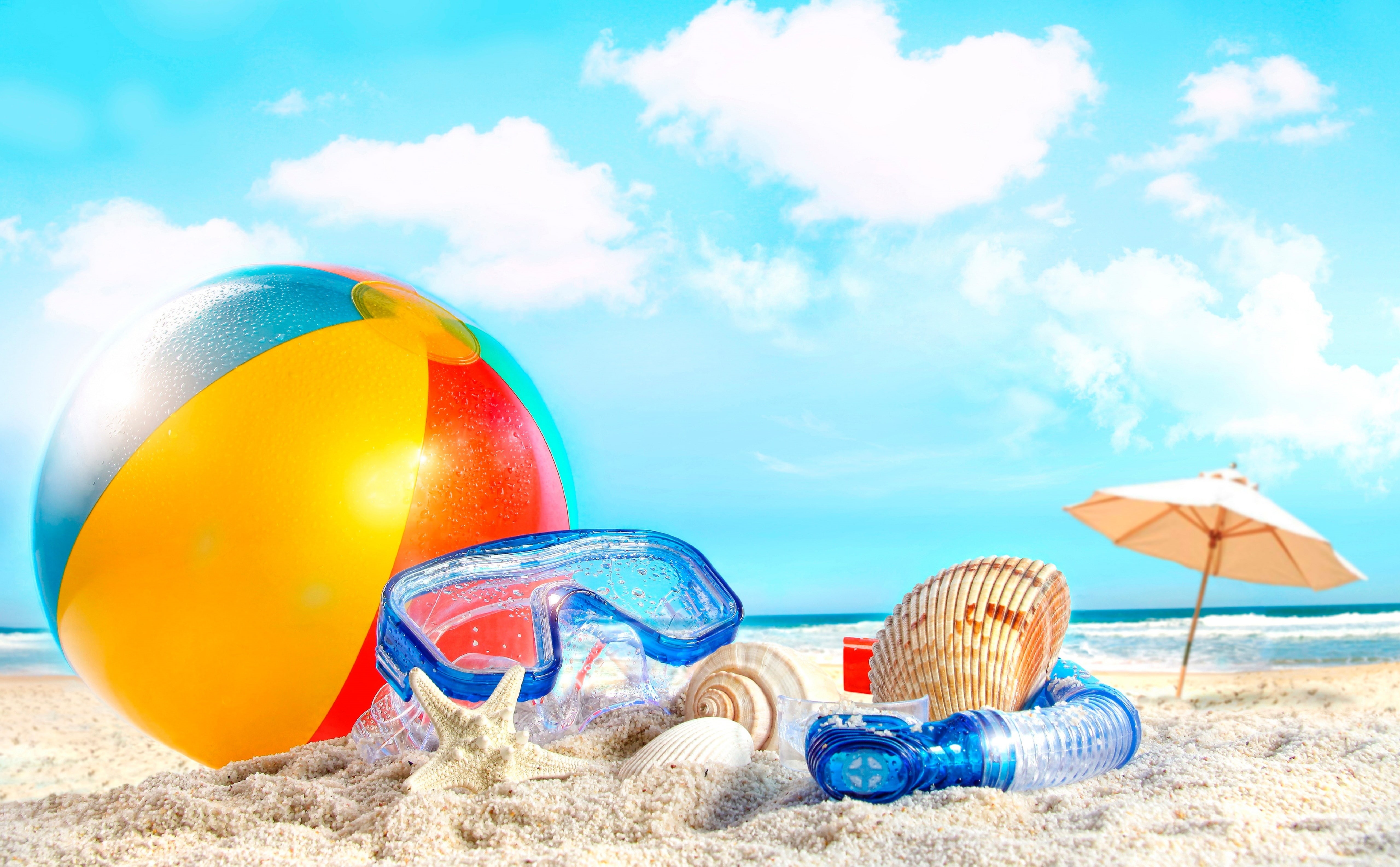 Seasons, day, vacations, sea, ball, sea shells, Beach, multi colored, nature, no people, water, umbrella, protection, shells, holiday, beach ball, outdoors, HD Wallpaper