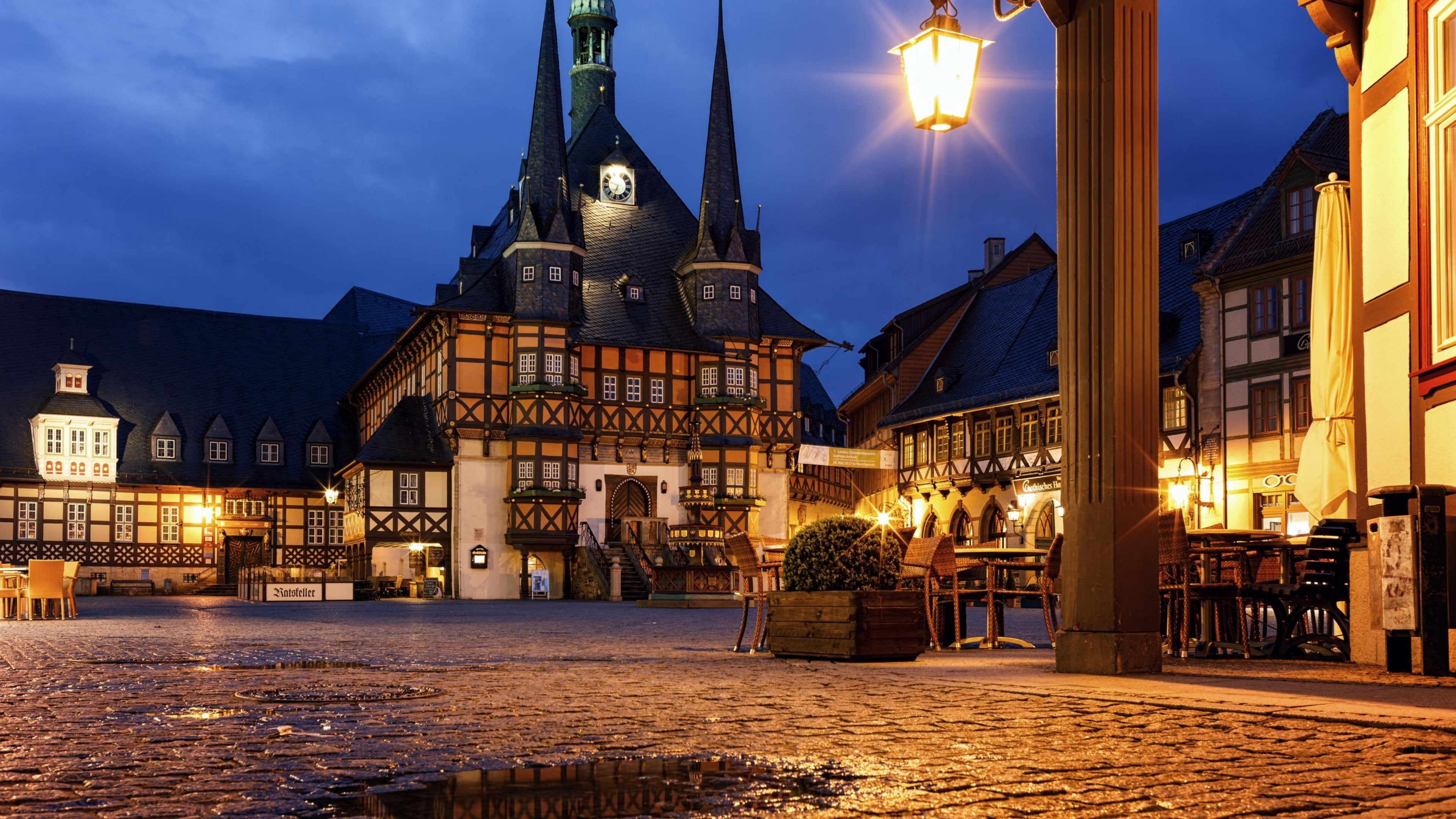 square, town, hotel, wernigerode, dusk, germany, lantern, marketplace, evening, europe, resort, gothisches haus, 4K, town square, HD Wallpaper