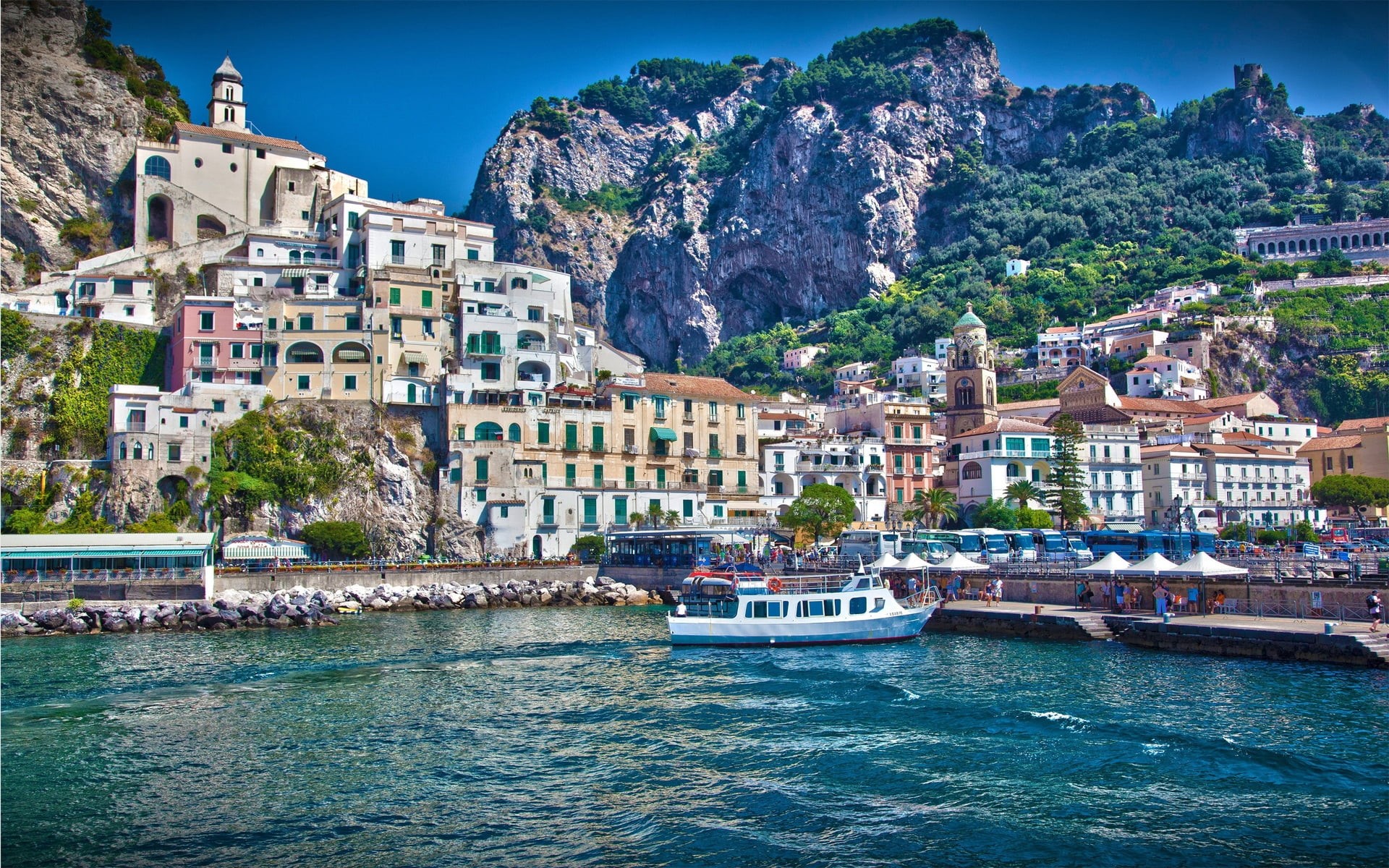 architecture, bay Of Water, italy, manarola, landscape, travel, cityscape, tourist, city, waterfront, houses, white, amalfi, passenger craft, summer, built Structure, HD Wallpaper