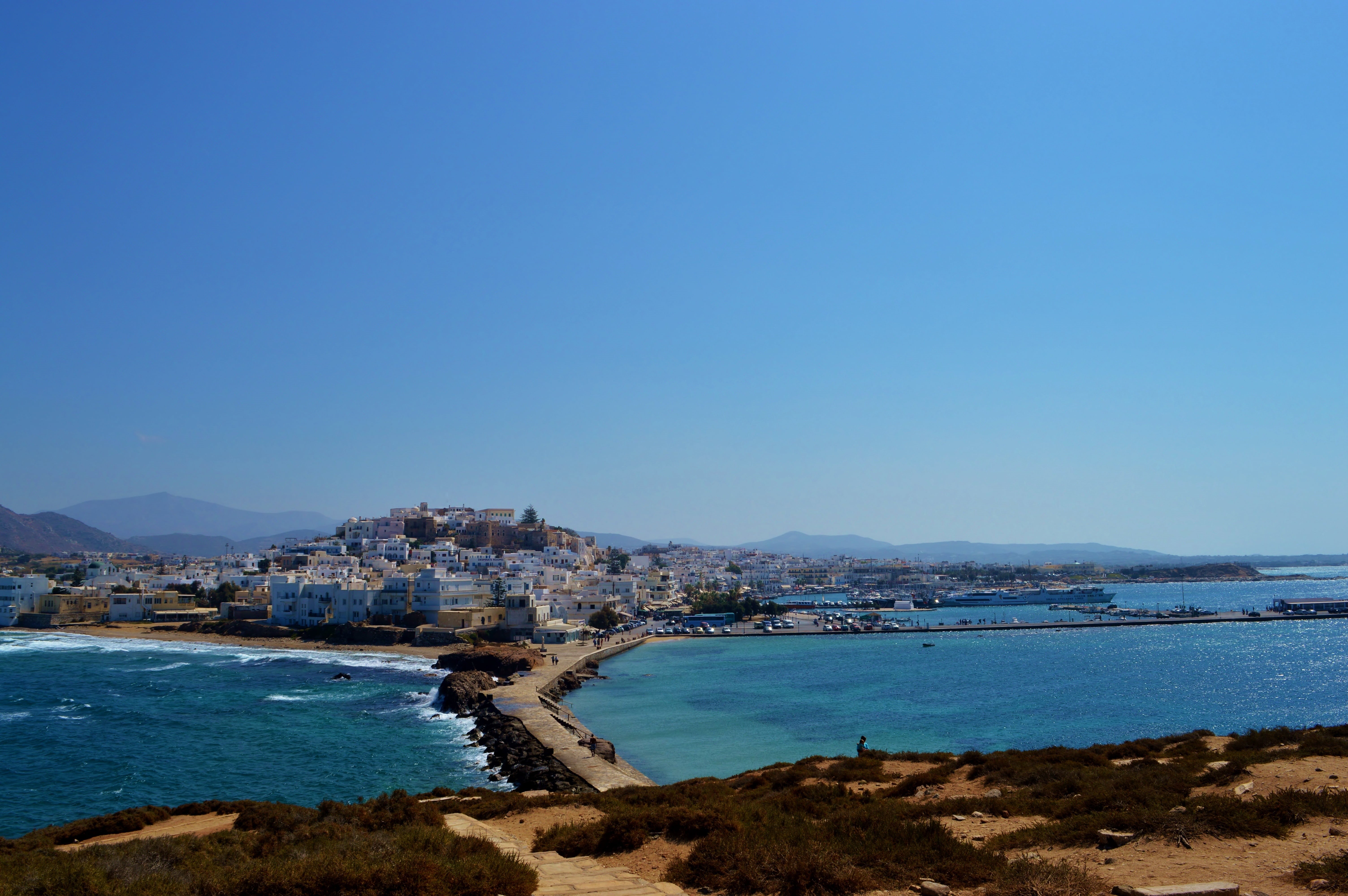 culture, cyclades, scenics - nature, coast, tropical, near, no people, beach, cityscape, built structure, naxos town, summer, greece, outdoors, beauty in nature, HD Wallpaper