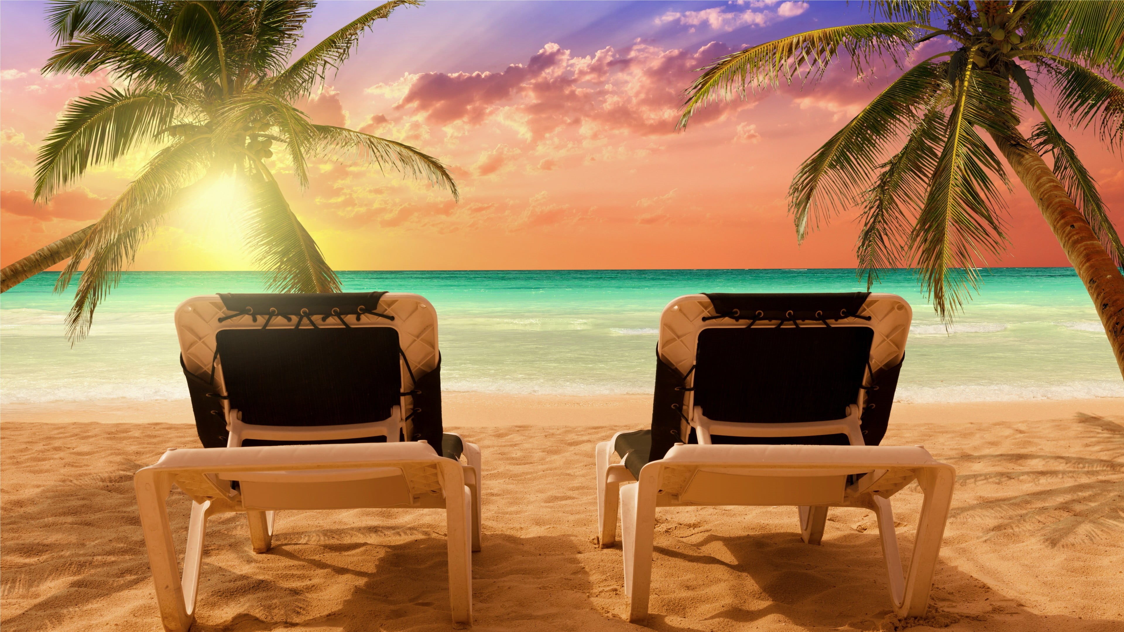 sky, bavaro, sand, tropics, coconut palm tree, no people, vacation, tranquility, outdoor furniture, nature, sunlounger, leisure, outdoors, sea, beauty in nature, HD Wallpaper