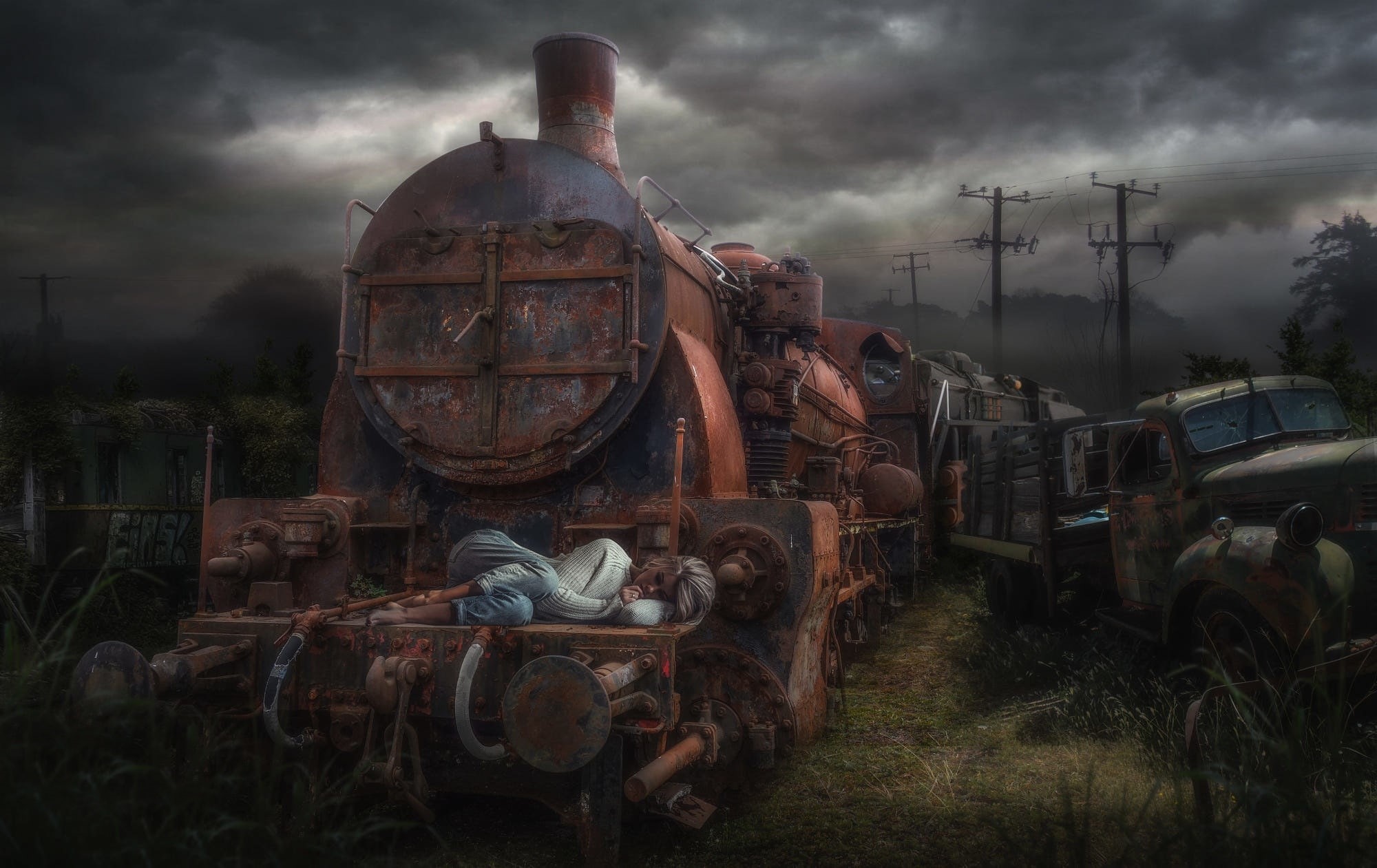 vehicle, model, women, 1080P, wreck, train, rust, HD Wallpaper