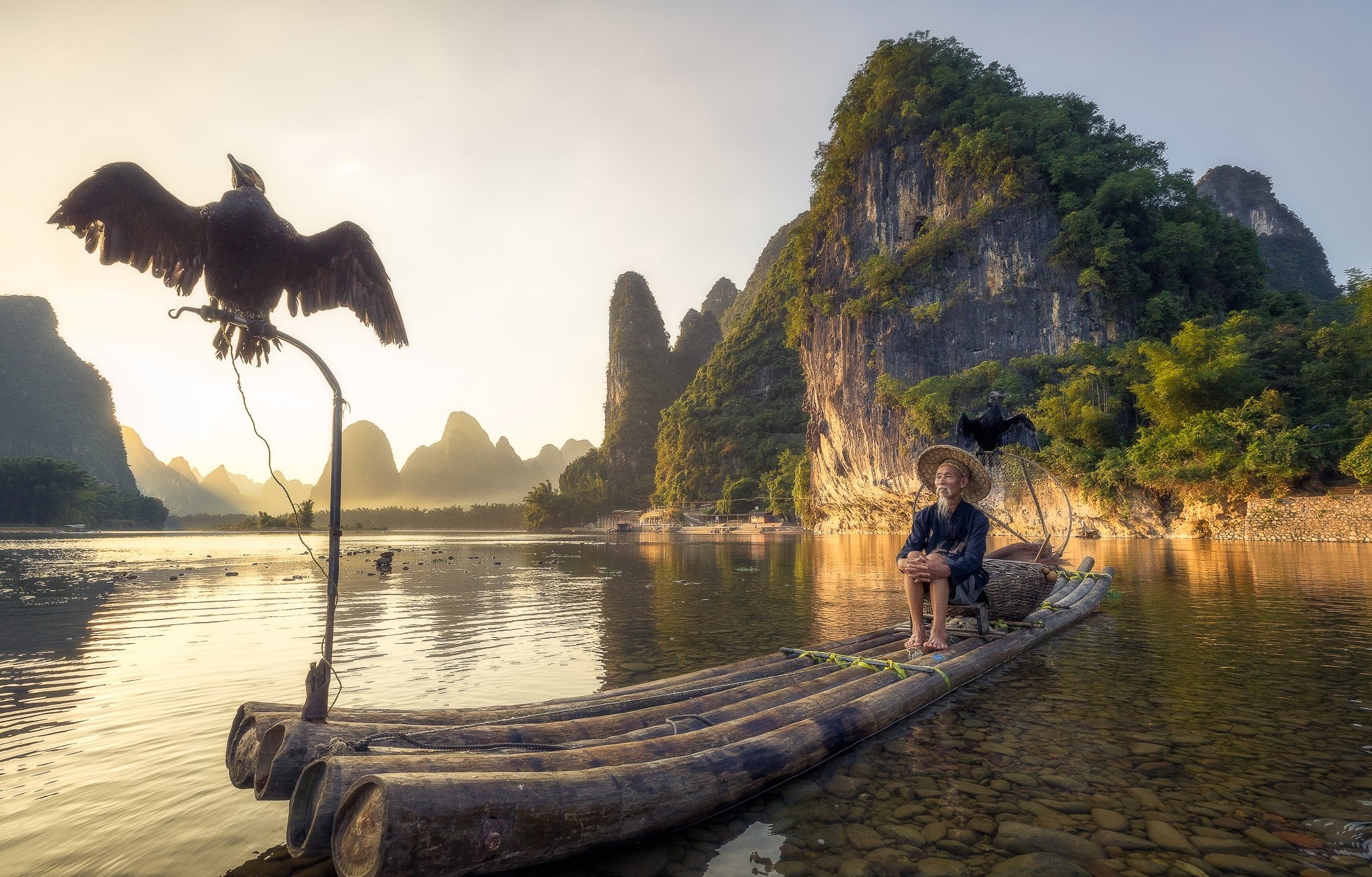 lake, mountains, boat, Guangxi, fisherman, China, bird, 1080P, HD Wallpaper