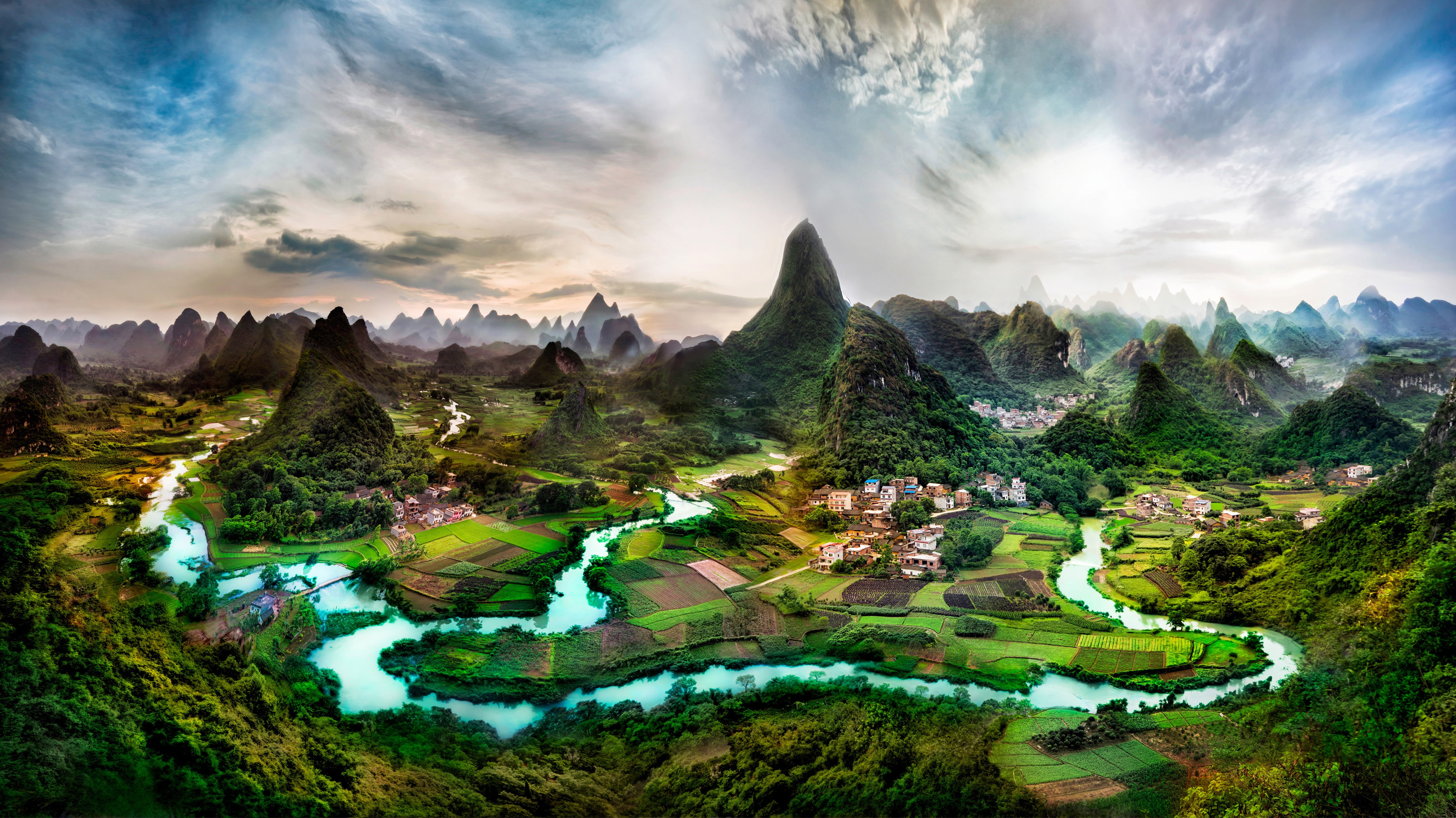 long, wonderful, no people, architecture, tranquility, mountain range, fields, green color, mountain peak, plant, 5K, rocky, hd, china, outdoors, river, HD Wallpaper