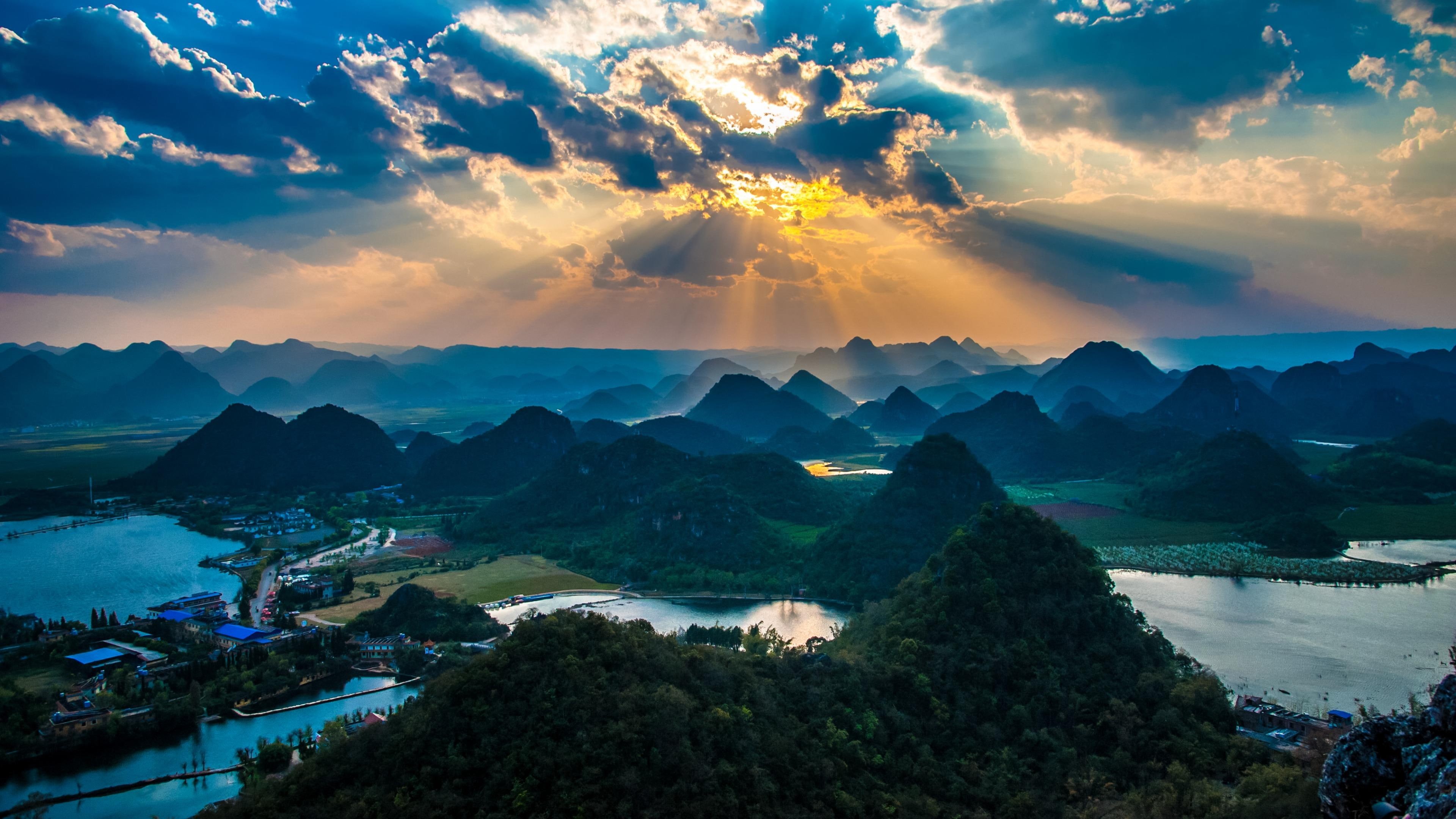 sunbeam, 4K, lakes, puzhehei, sun ray, national park, cloud, sky, sunset, yunnan, asia, peaks, china, puzhehei scenic area, rays, wenshan, karst, HD Wallpaper