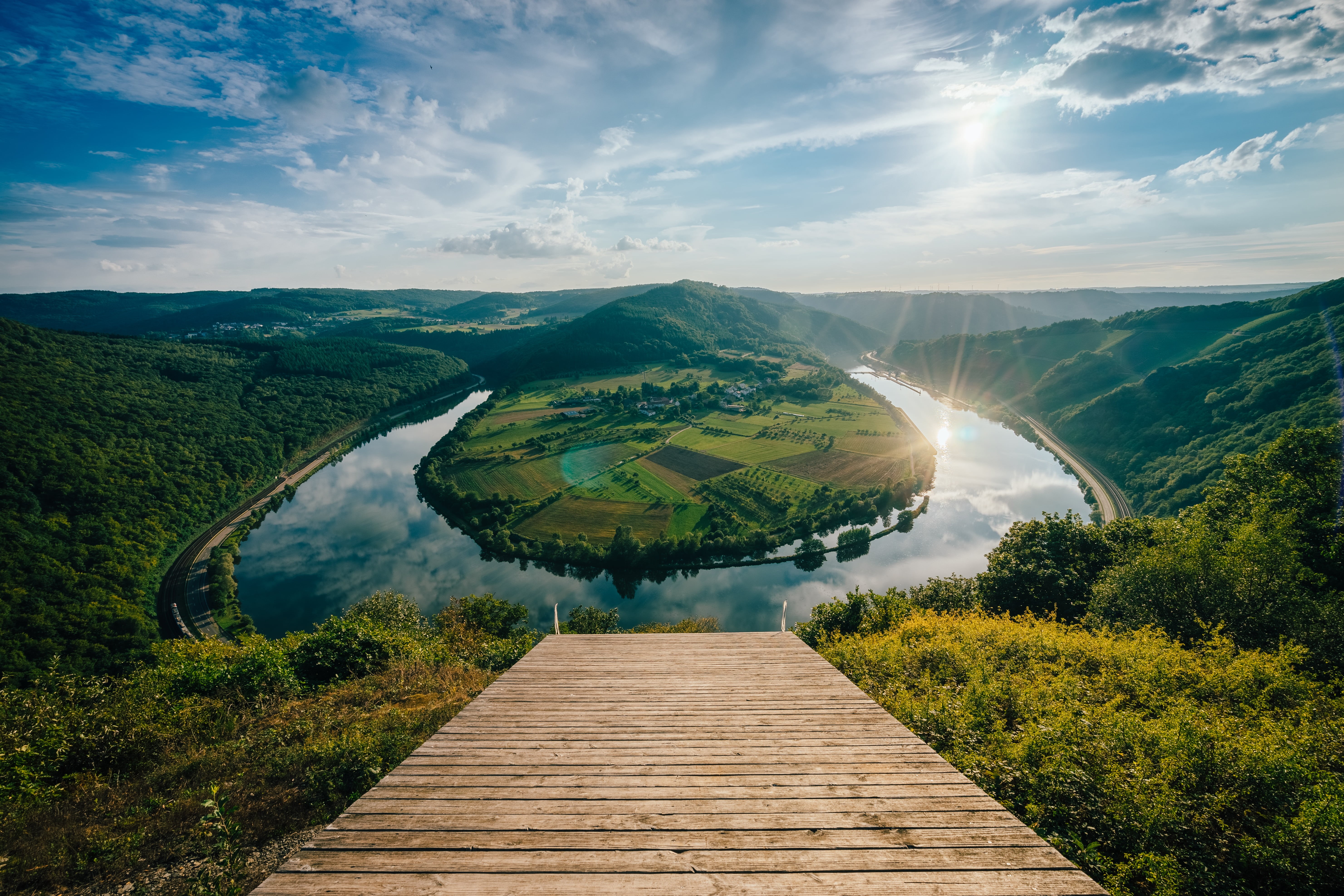 aerial photography, agriculture, 5K, DE, Ten seconds, outdoors, nature, forest, Rheinland-Pfalz, Deutschland, Clouds, hill, sky, Straße, Fluss, rural Scene, HD Wallpaper