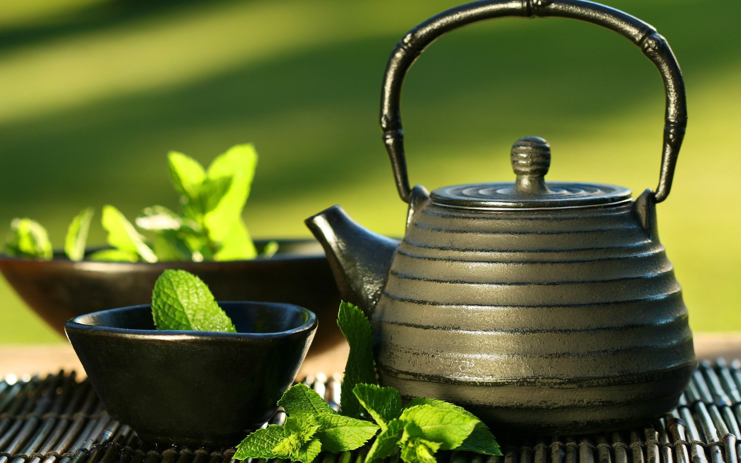plant part, nature, tea Cup, plant, metal, mint, cup, household equipment, indoors, freshness, green Tea, leaves, teapot, potted plant, tea Crop, food and drink, HD Wallpaper